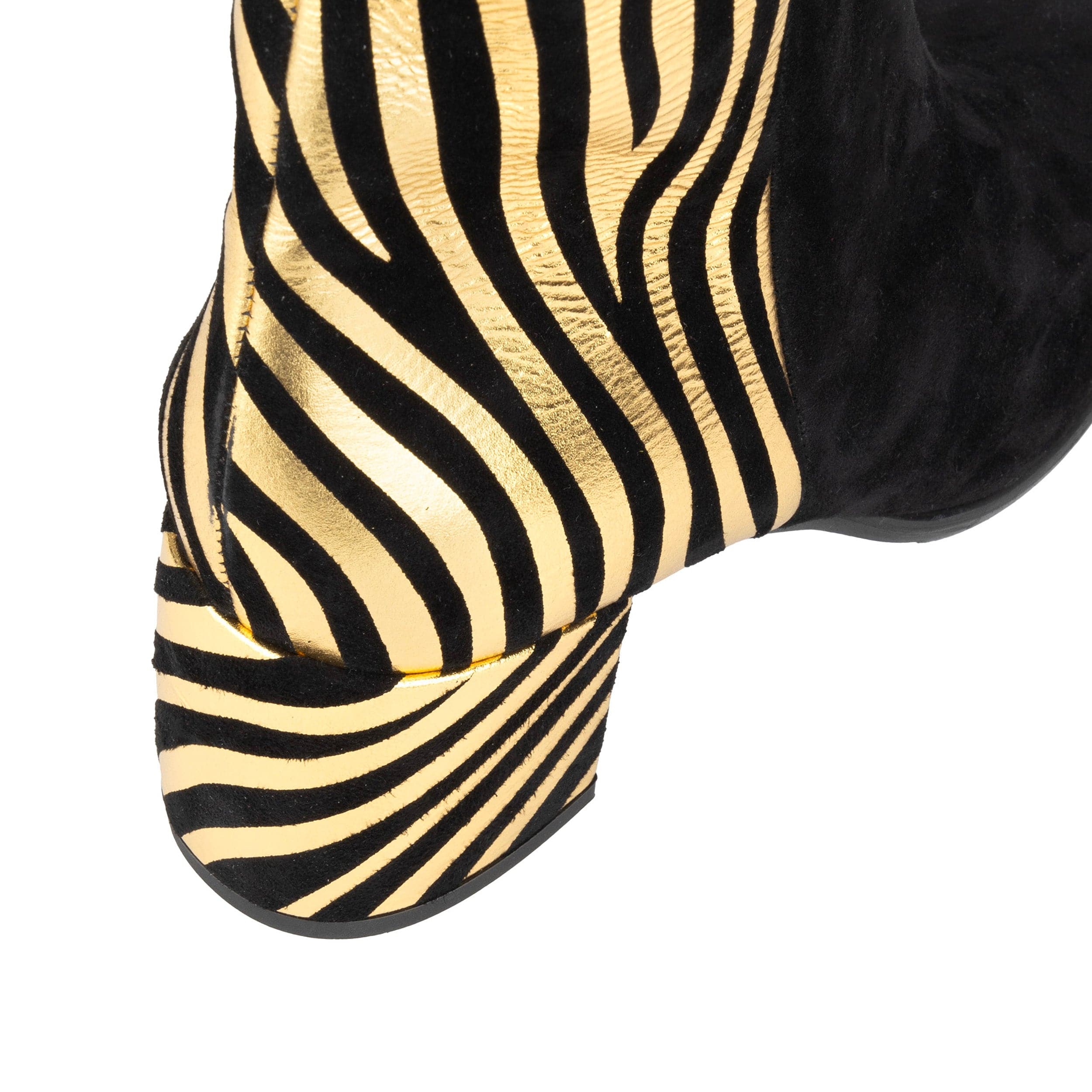 Impala - Black & Gold - Women's Suede Ankle Boot with Block Heel & Gold Foil Zebra Stripes