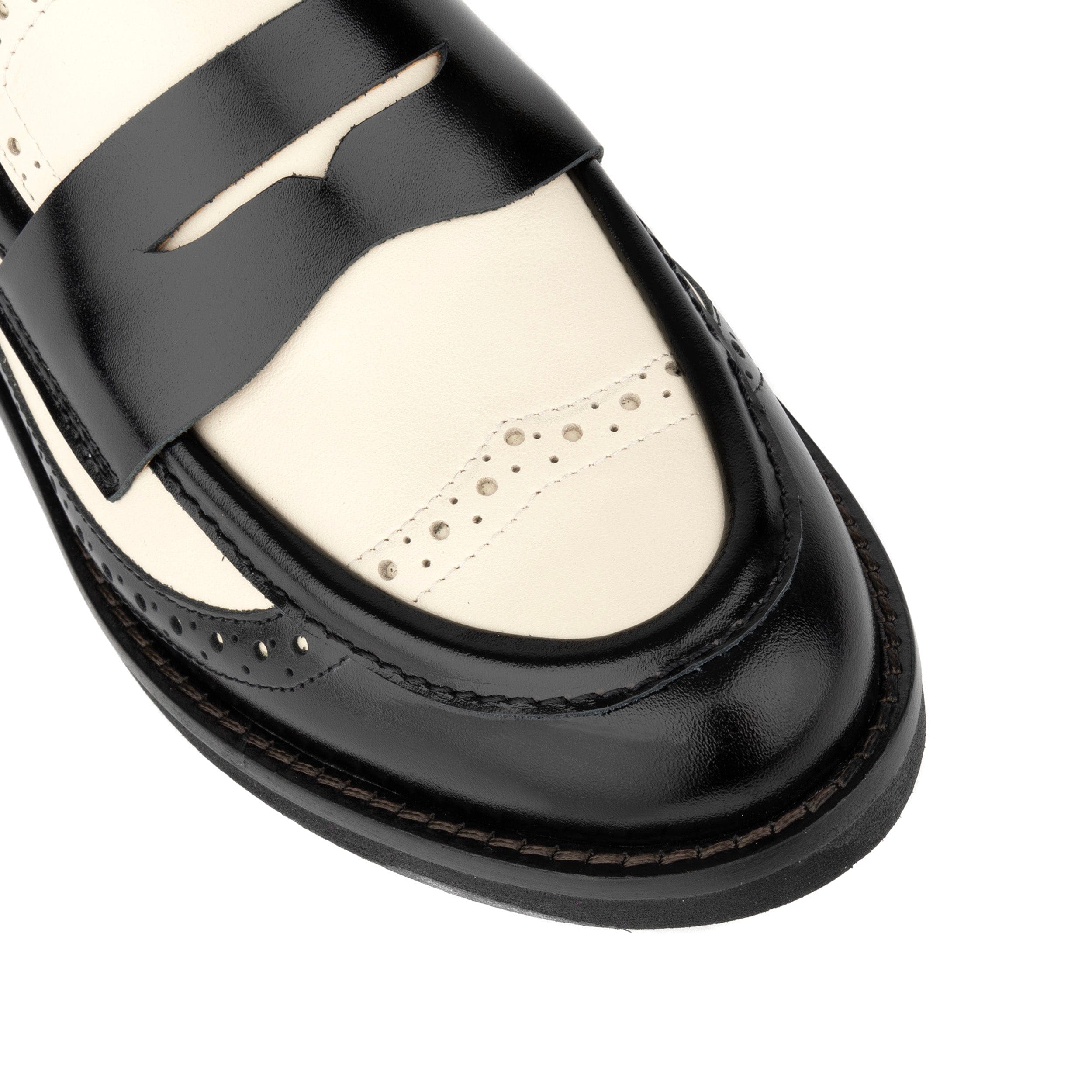 Angelina - Black & Cream - Women's leather almond toe penny loafer with broguing