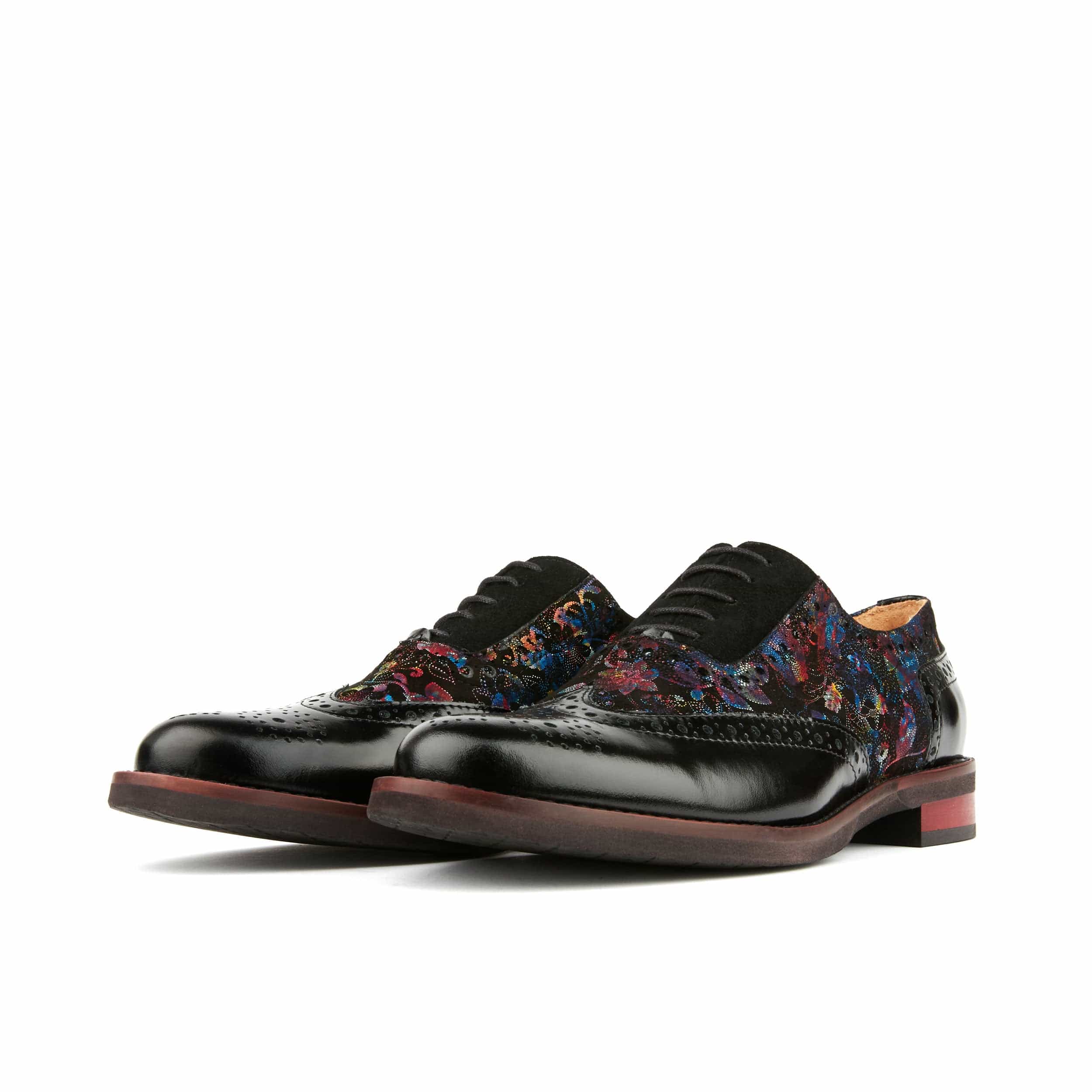 Vivienne - Black Flower - Women's oxford lace-up shoe with brogue details