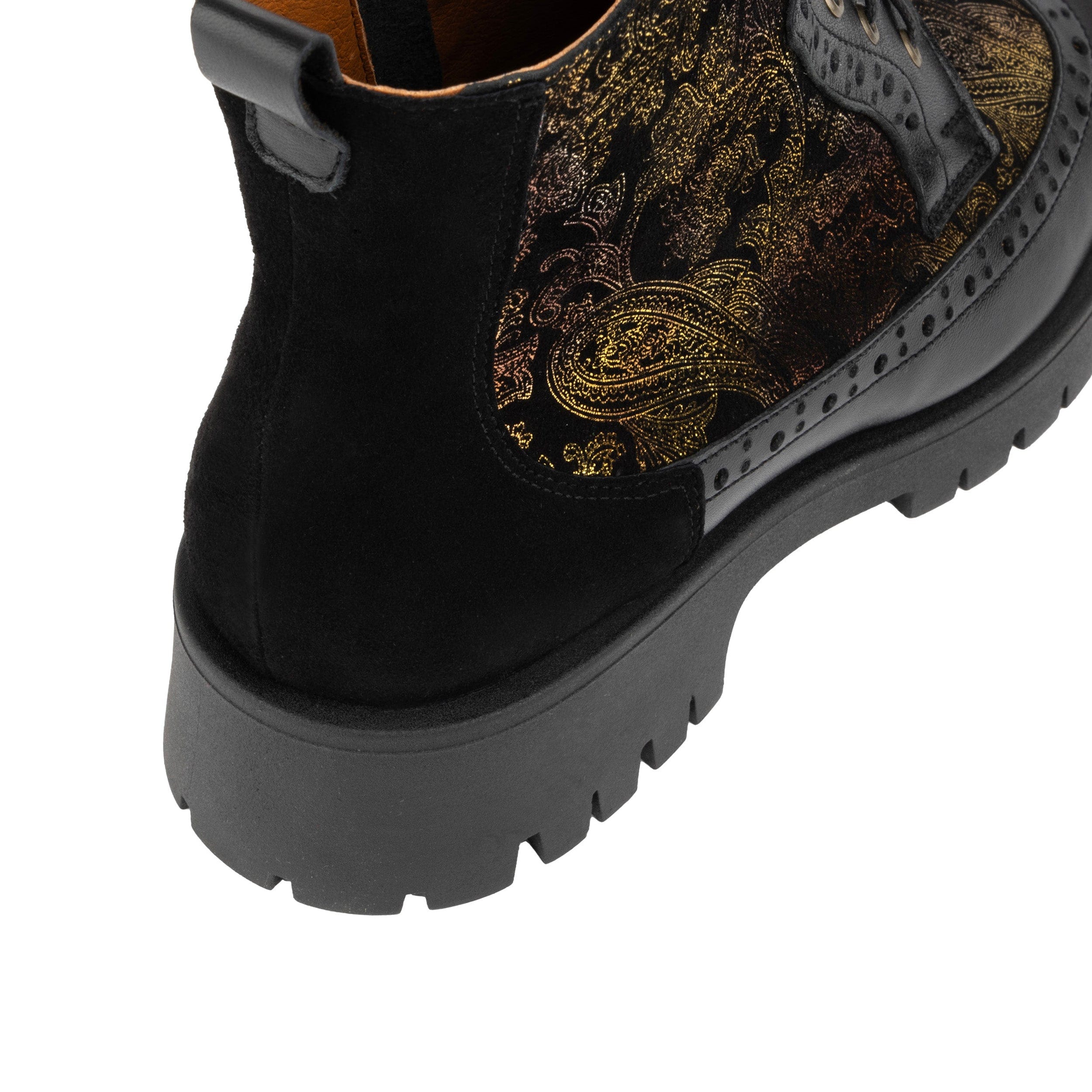 Hatter Platform - Black & Floral - Women's Leather ankle Lace-up Boot with chunky cleated sole