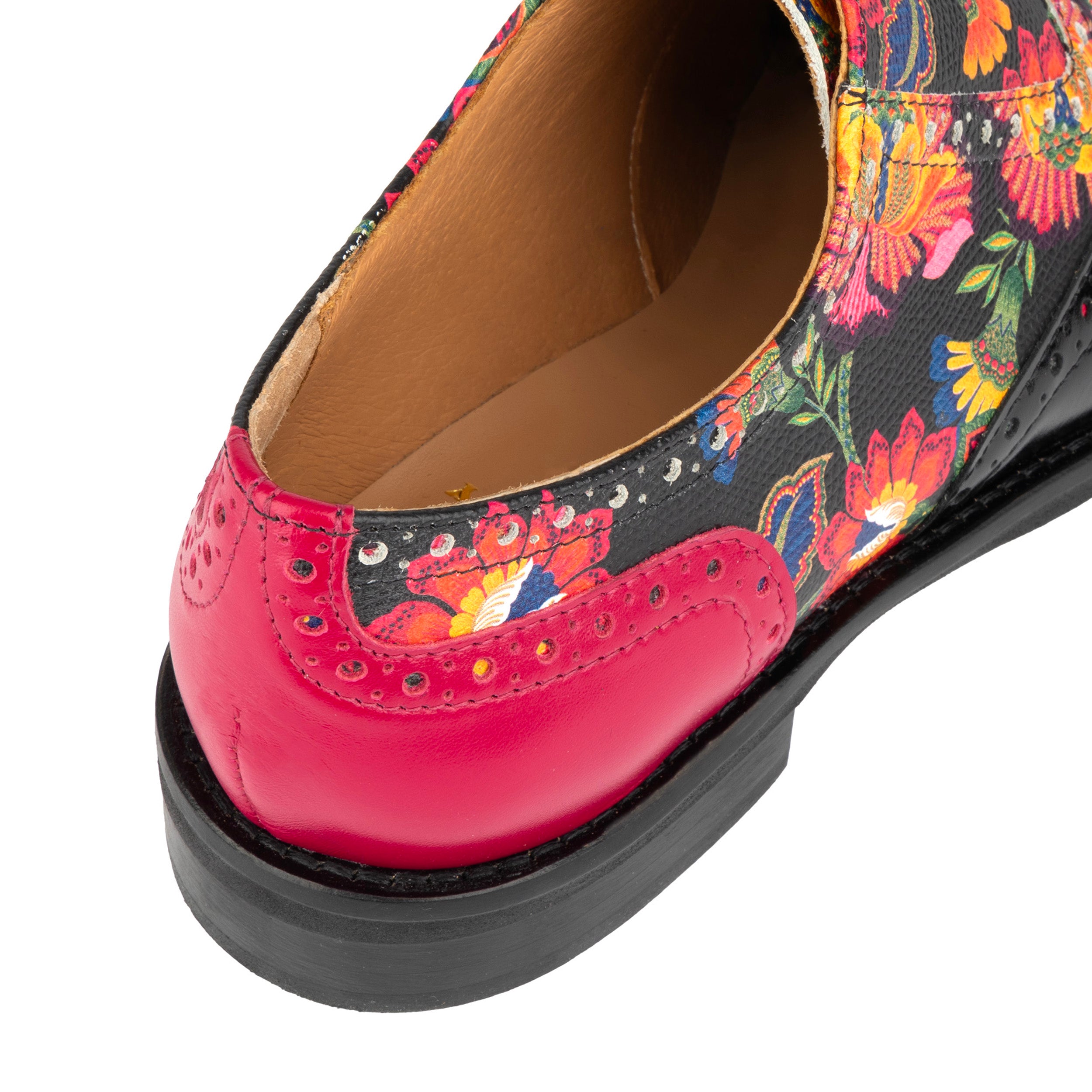 Vivienne - Black & Red Flowers - Women's oxford lace-up shoe with brogue details