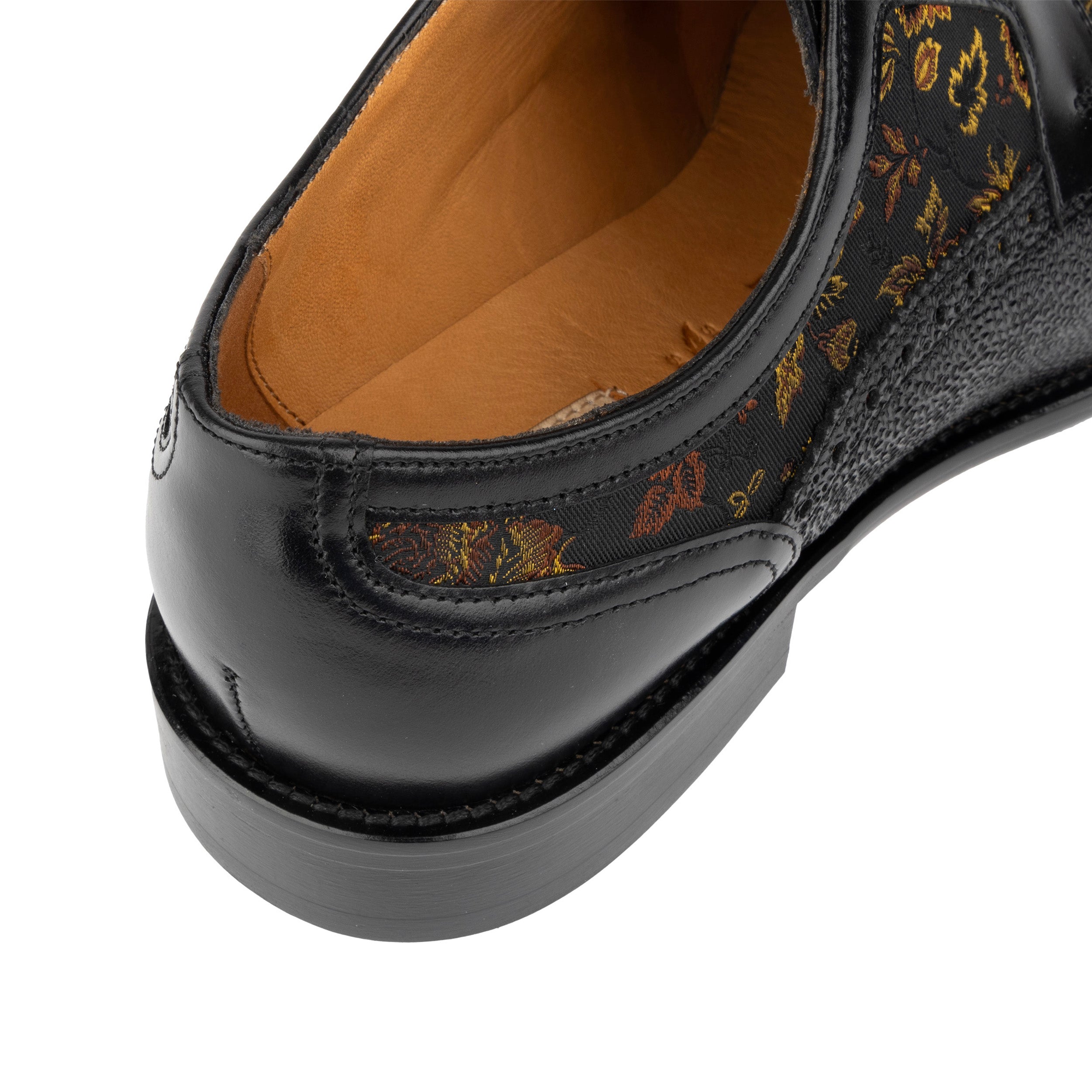 Orlando - Black & Yellow Flowers - Men's toe cap dressy black shoe with flower print leather