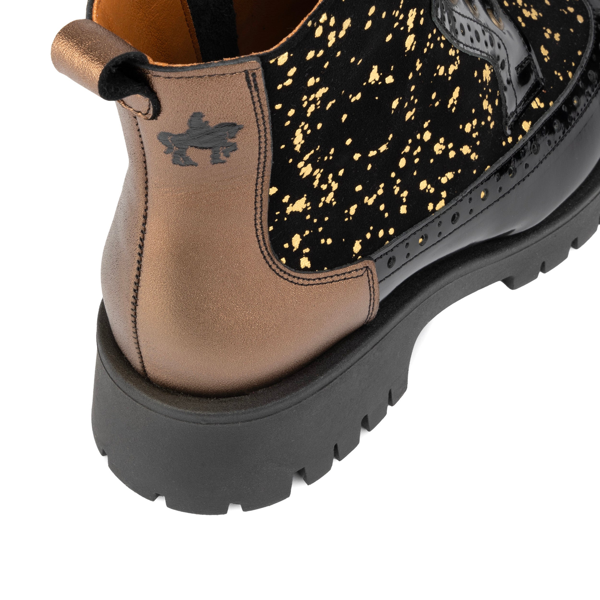 Hatter Platform - Drops - Women's ankle boot in golden paint drops on black leather