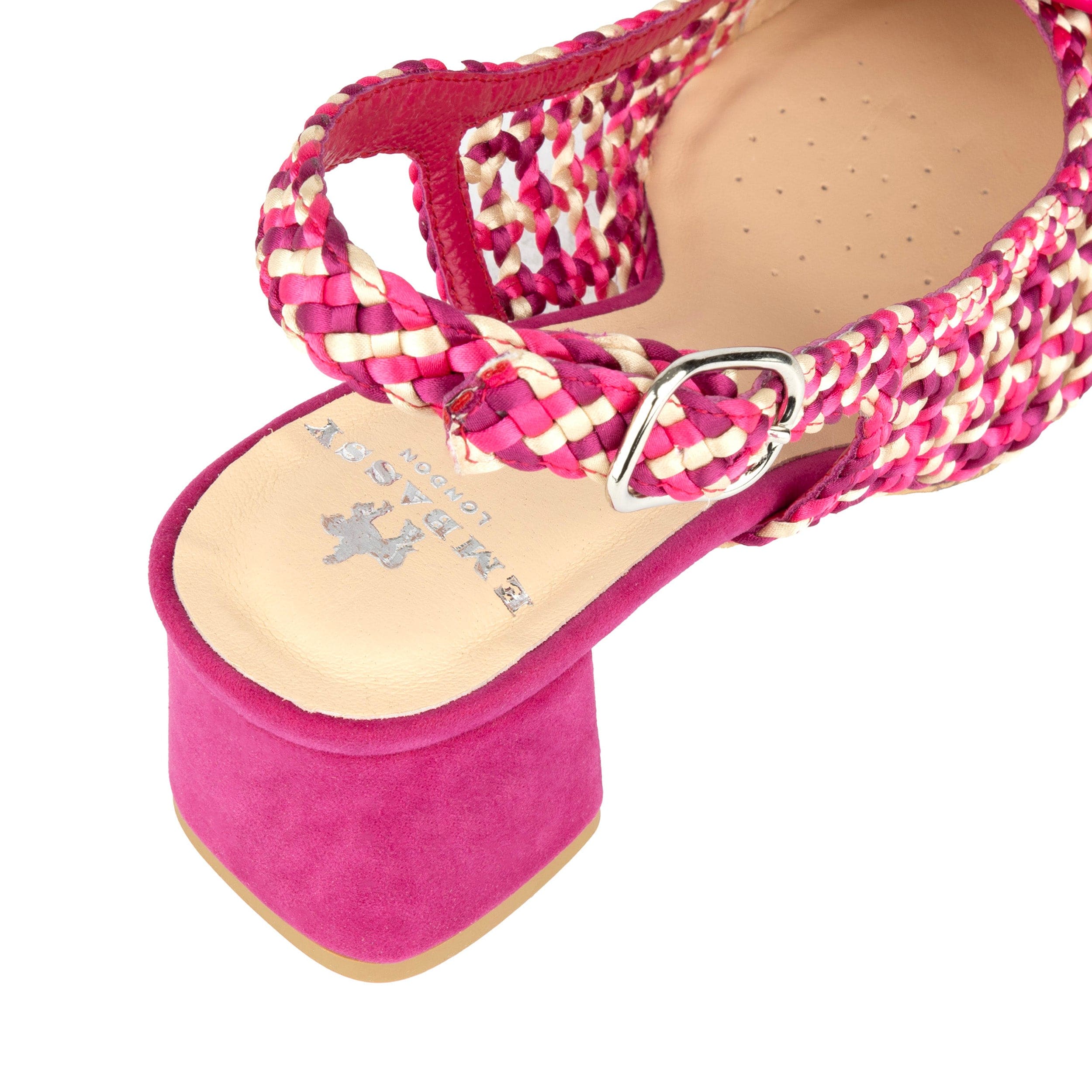 Velora - Pink - Women's mid heel sling back sandal with woven leather upper and satin bow