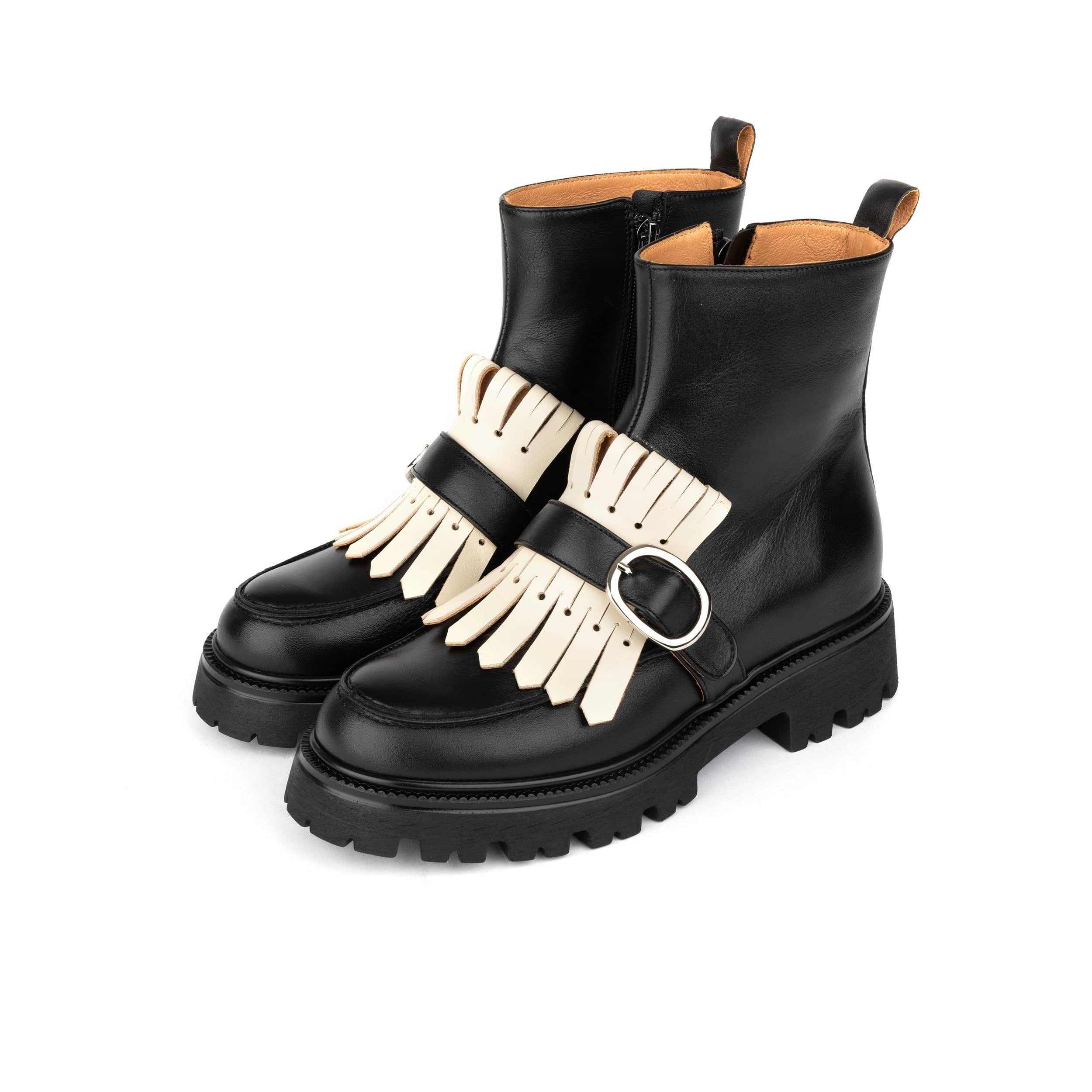 Dominus - Black & White - Fringed Monk Strap Ankle Boot