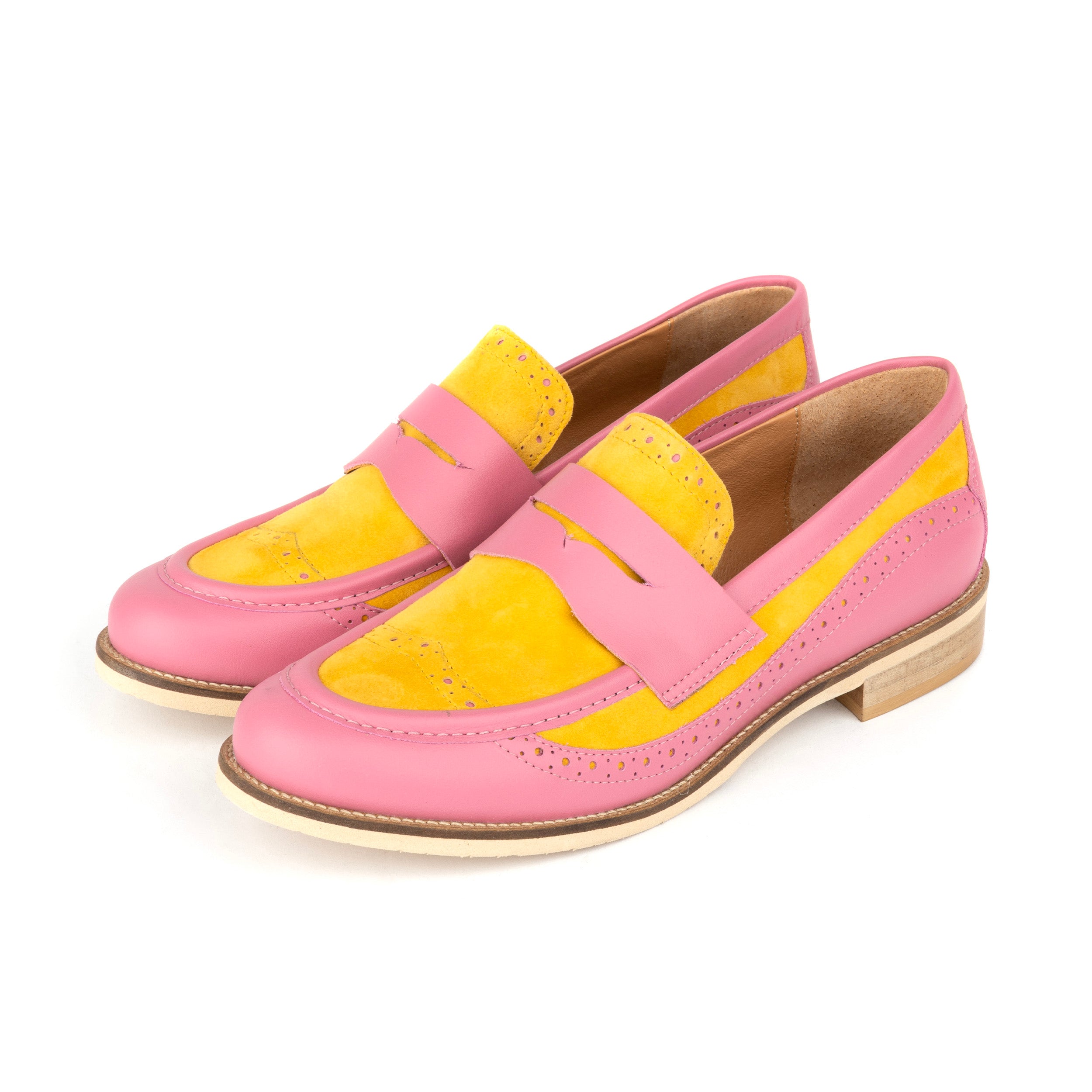 Angelina - Pink & Yellow - Women's Leather Almond Toe Penny Loafer with Broguing