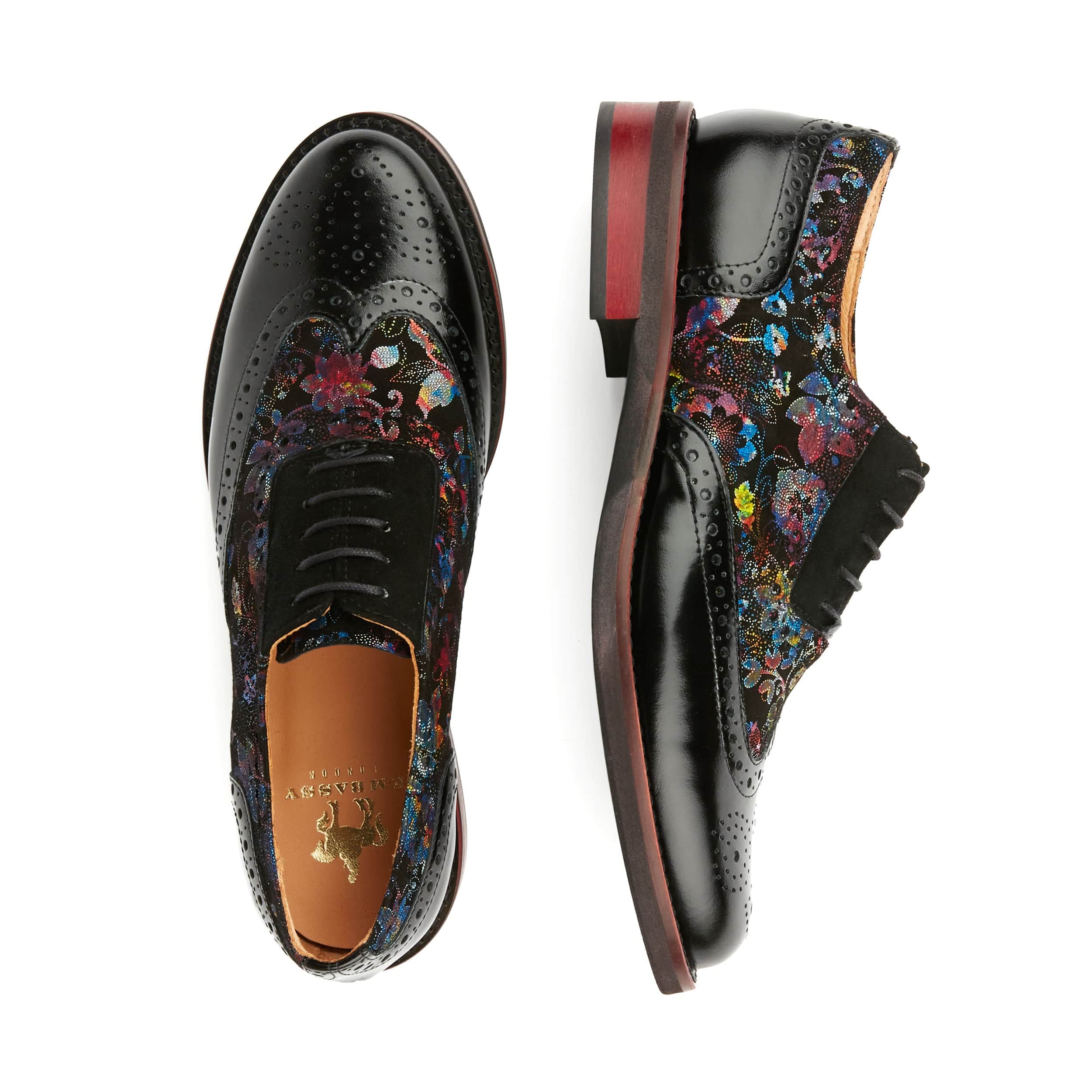 Vivienne - Black Flower - Women's oxford lace-up shoe with brogue details