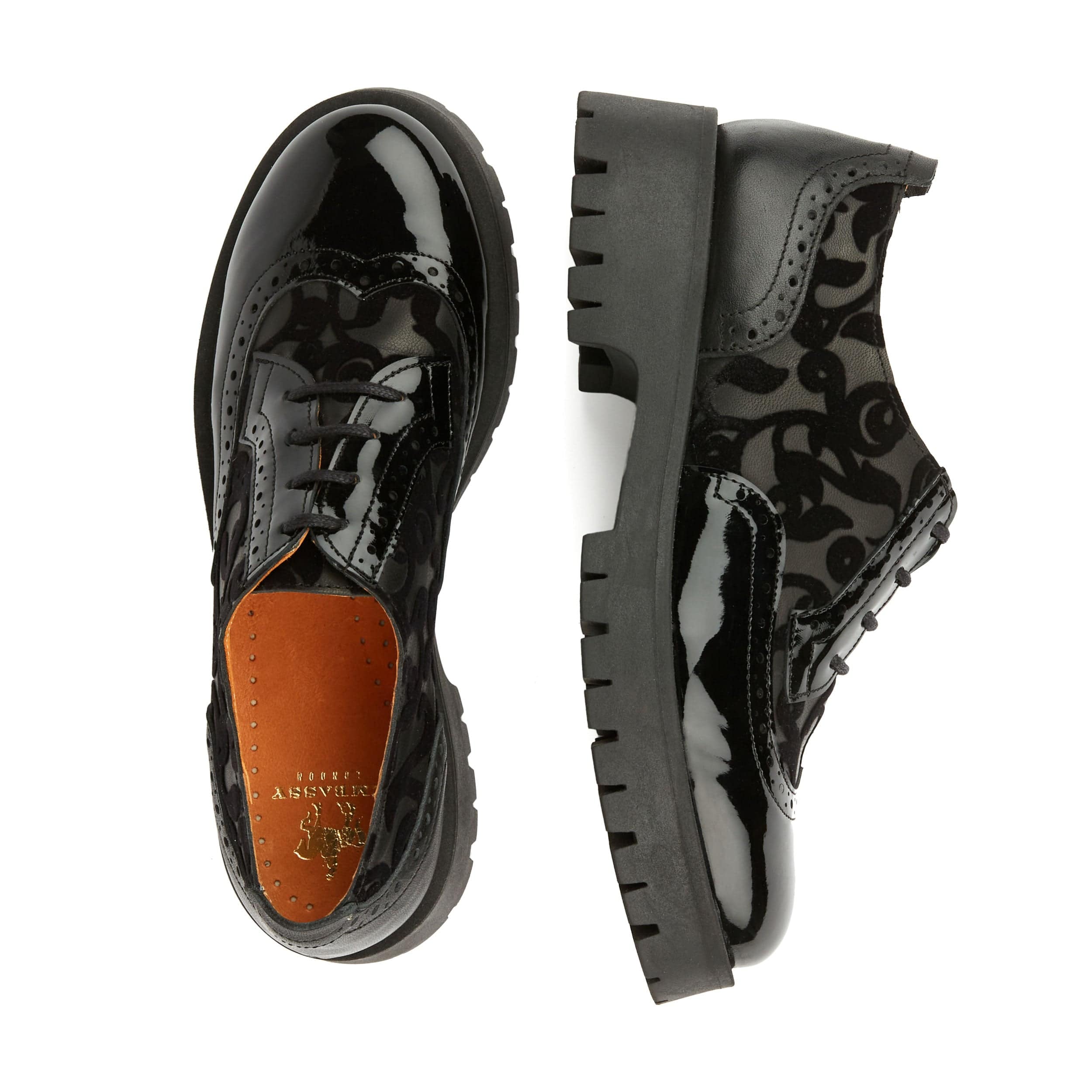 Artisan - Black Floral - Women's leather lace-up shoe with brogue detailing