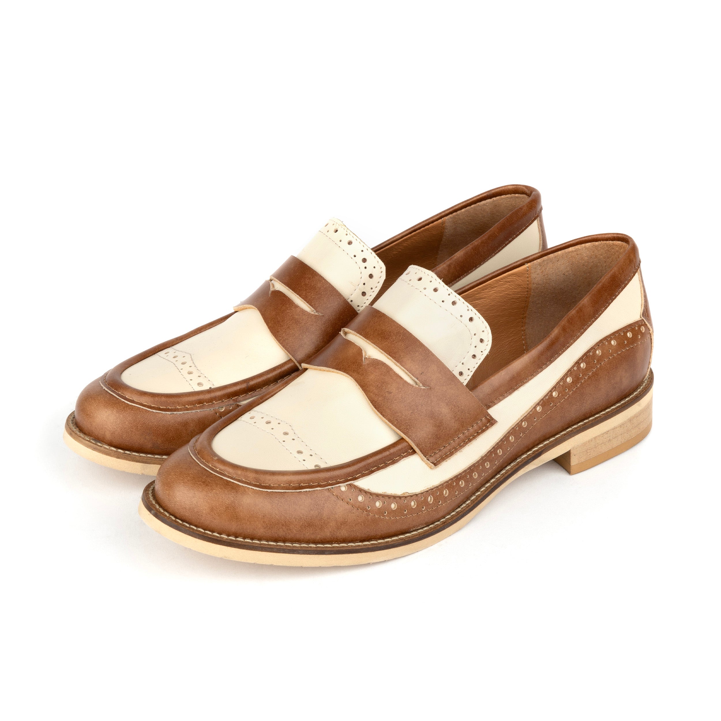 Angelina - Tan & Cream - Women's leather almond toe penny loafer with broguing
