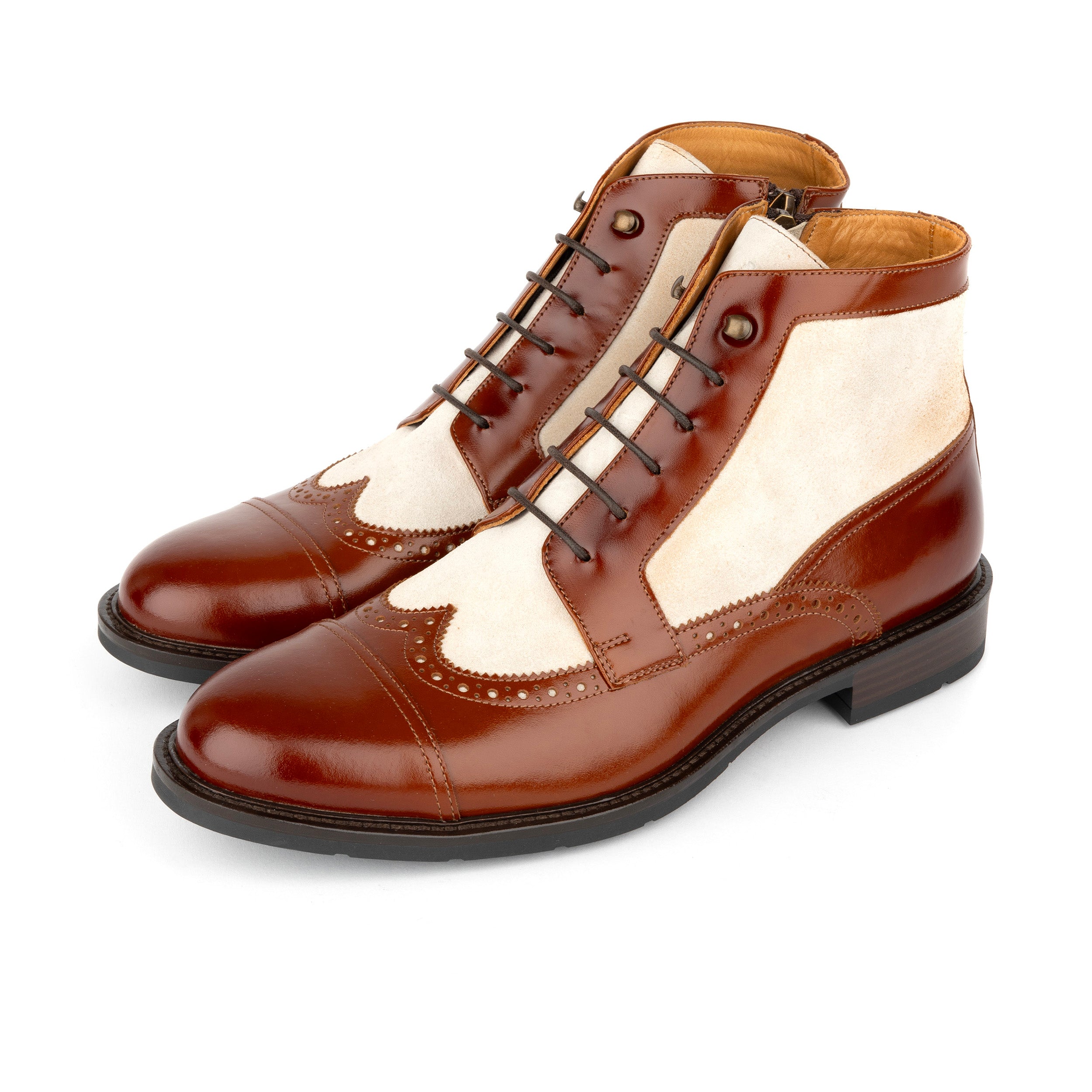 Charles - Light Tan & Cream - Men's Toe-Cap Dressy Leather & Suede Boot with Brogue Details