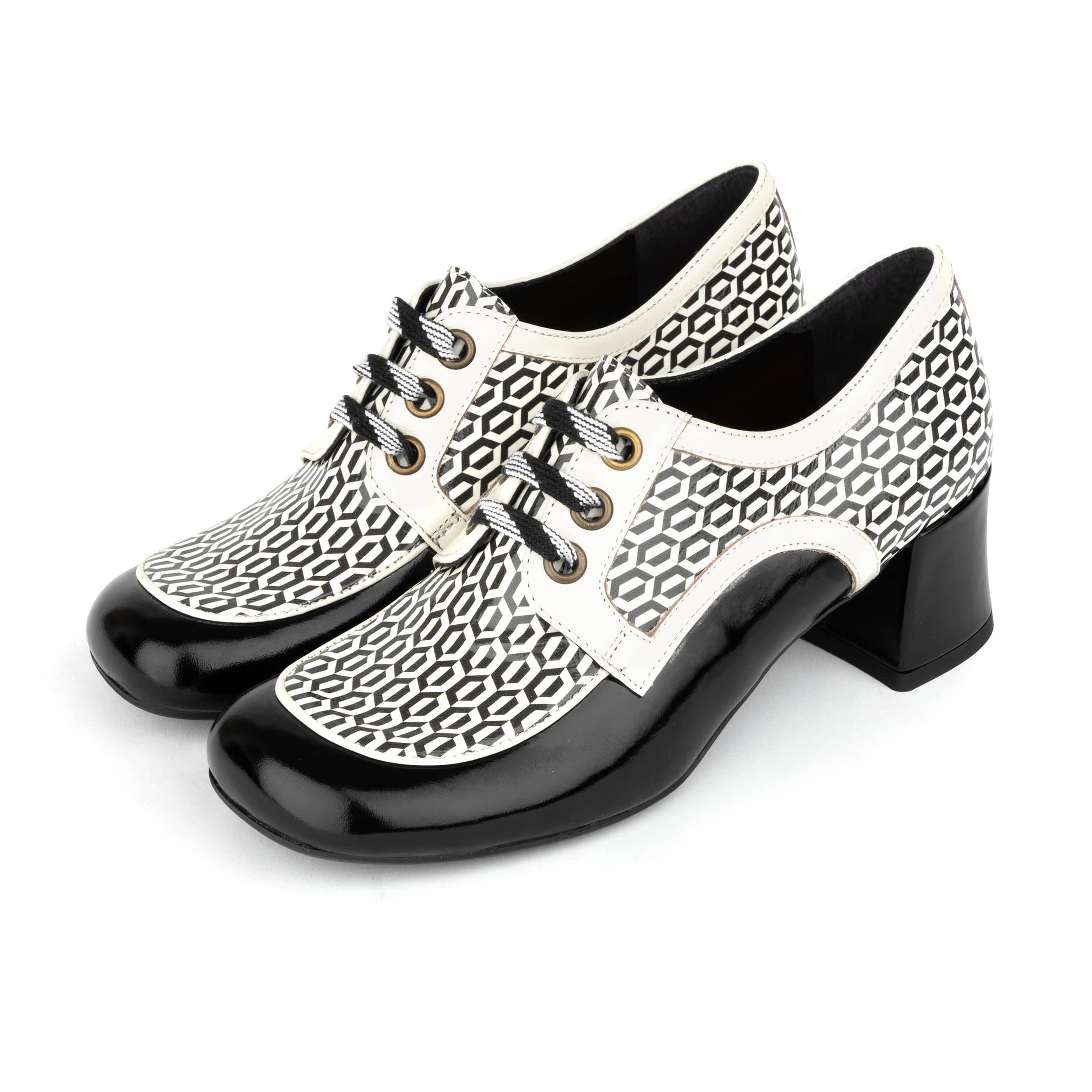 Sovereign - Black & White Optical - Women's leather lace up shoe with block heel