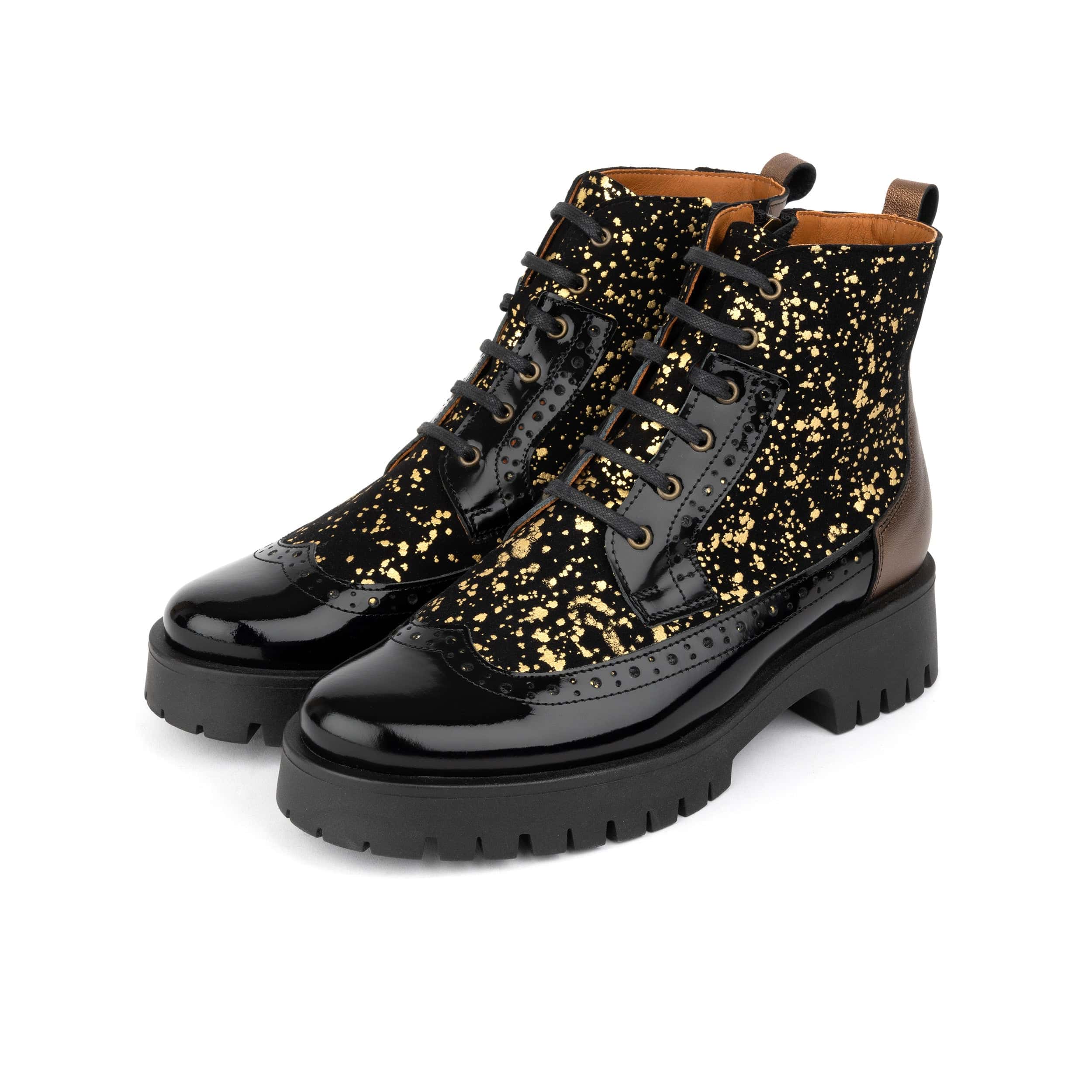 Hatter Platform - Black Gold Drops - Women's Leather Ankle Lace-up Boot with cleated platform sole