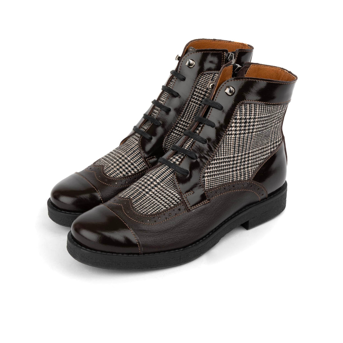 Modiste - Brown & Brown Check - Women's Leather & Tweed Check Lace-Up Ankle Boots