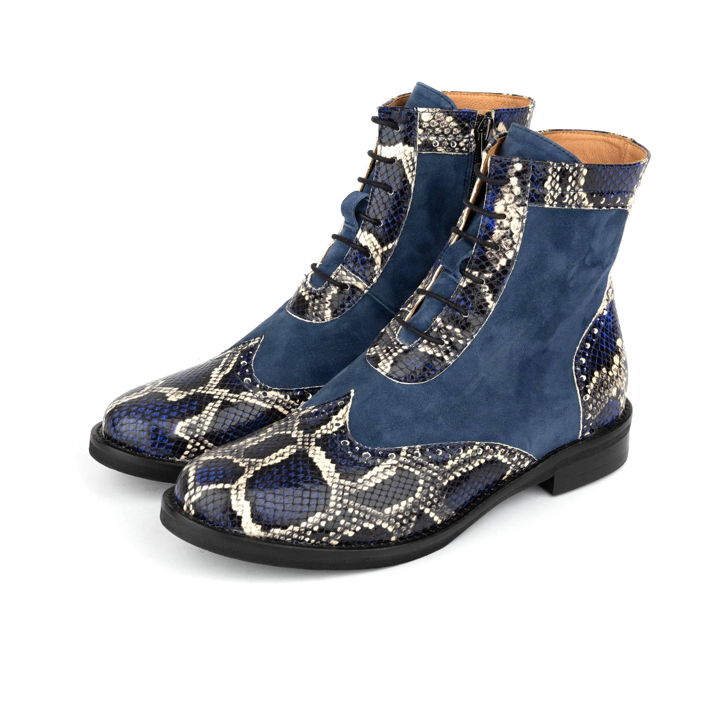 Mantis - Blue Snake - Women's above-the-ankle lace-up boot with brogue & snake print detailing