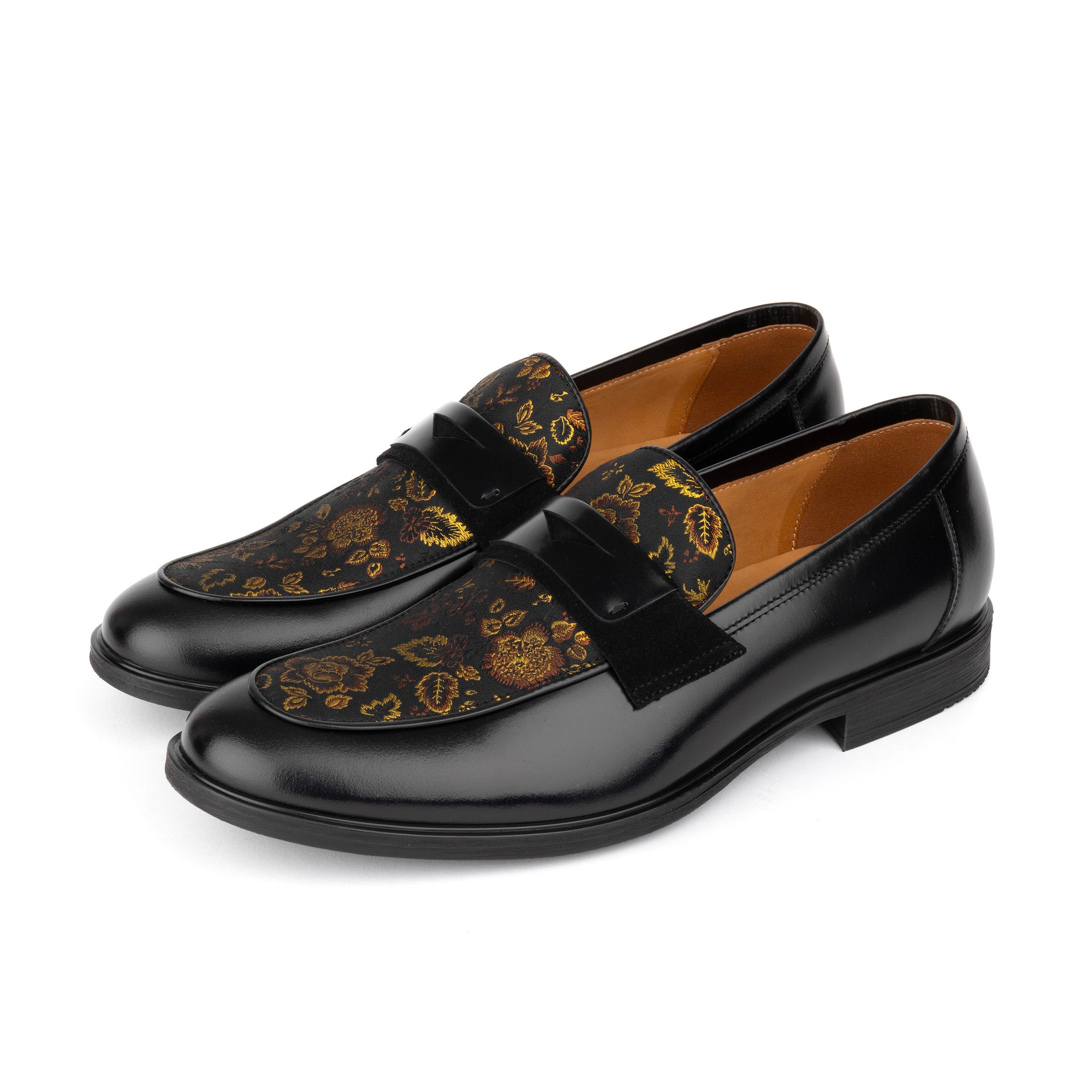 Gosselin - Black & Yellow Flowers - Men's leather loafer with jaquard details
