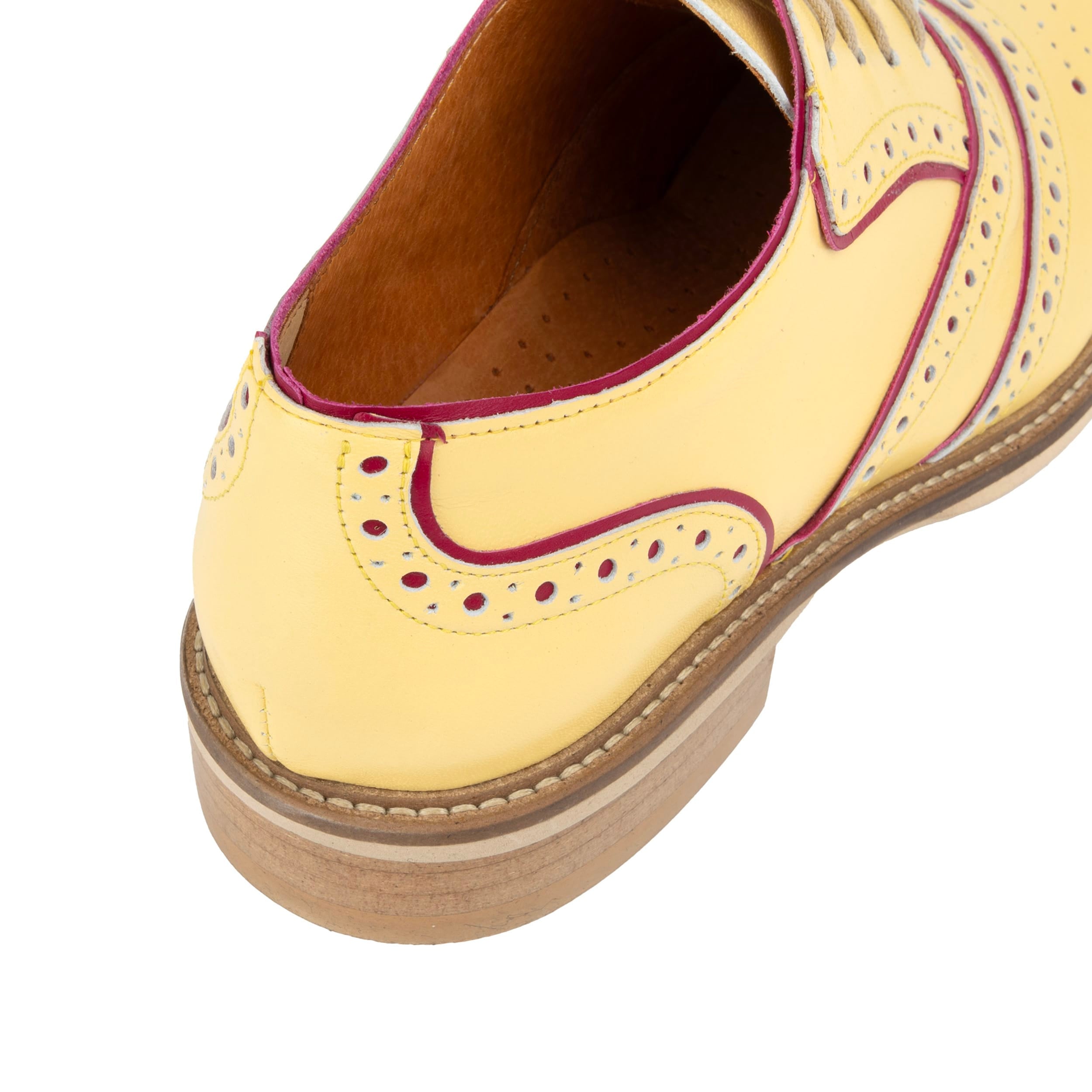 Brick Lane - Pastel Yellow - Women's contrast leather lace-up brogue