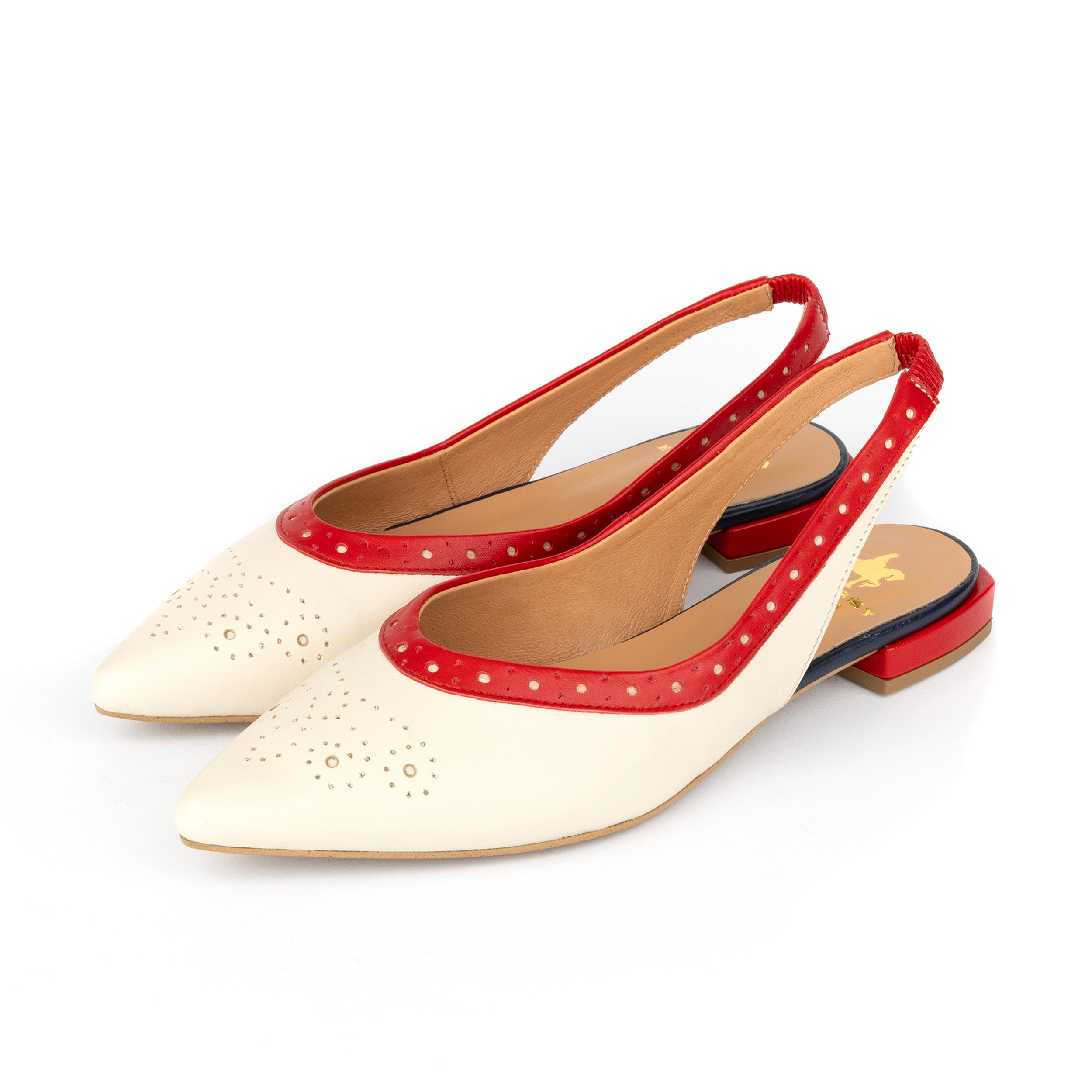 Holly Brogue - Cream & Red & Blue - Women's Leather Flat Slingback