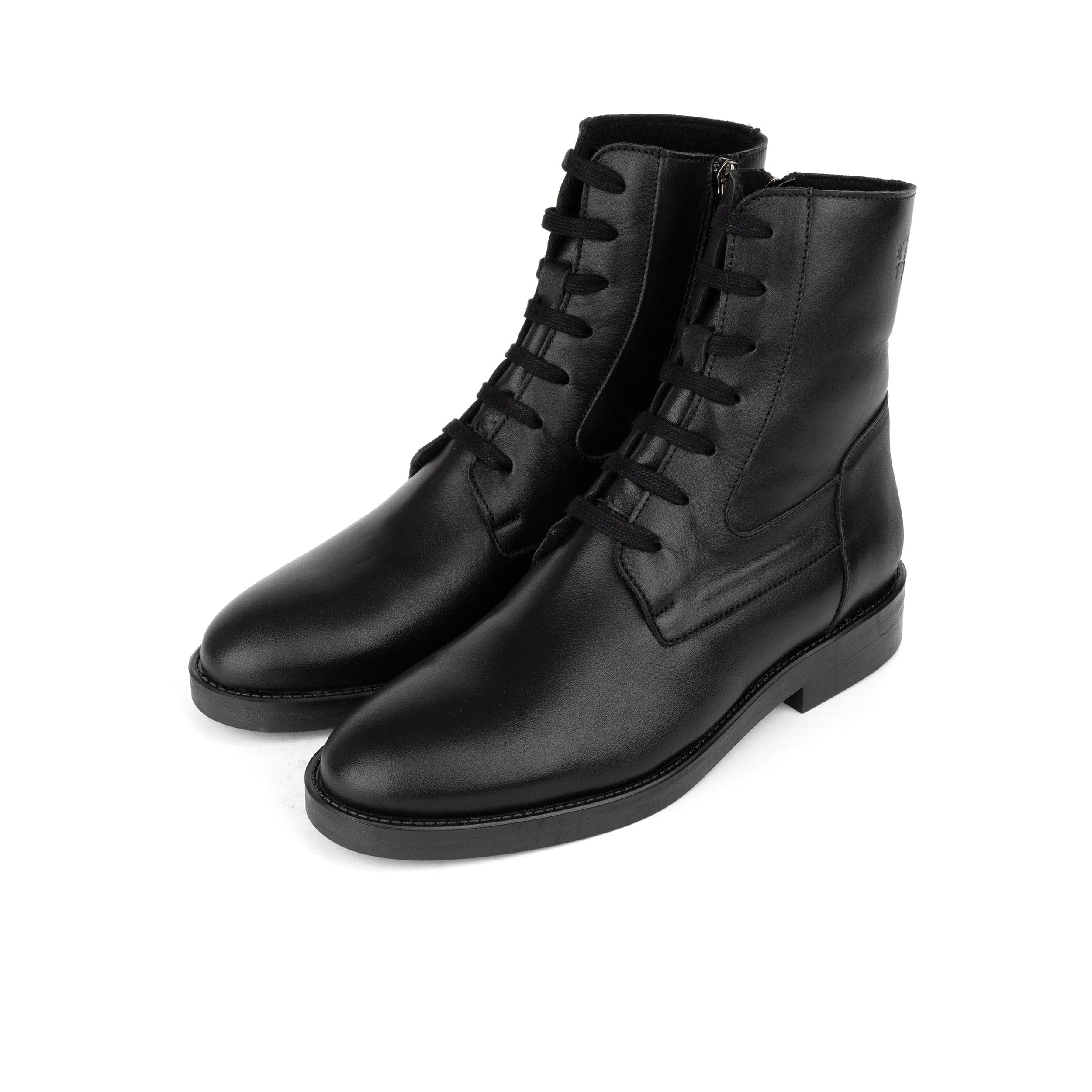 Didi Wool - Black - Women's leather lace-up and zip-up round toe combat boot