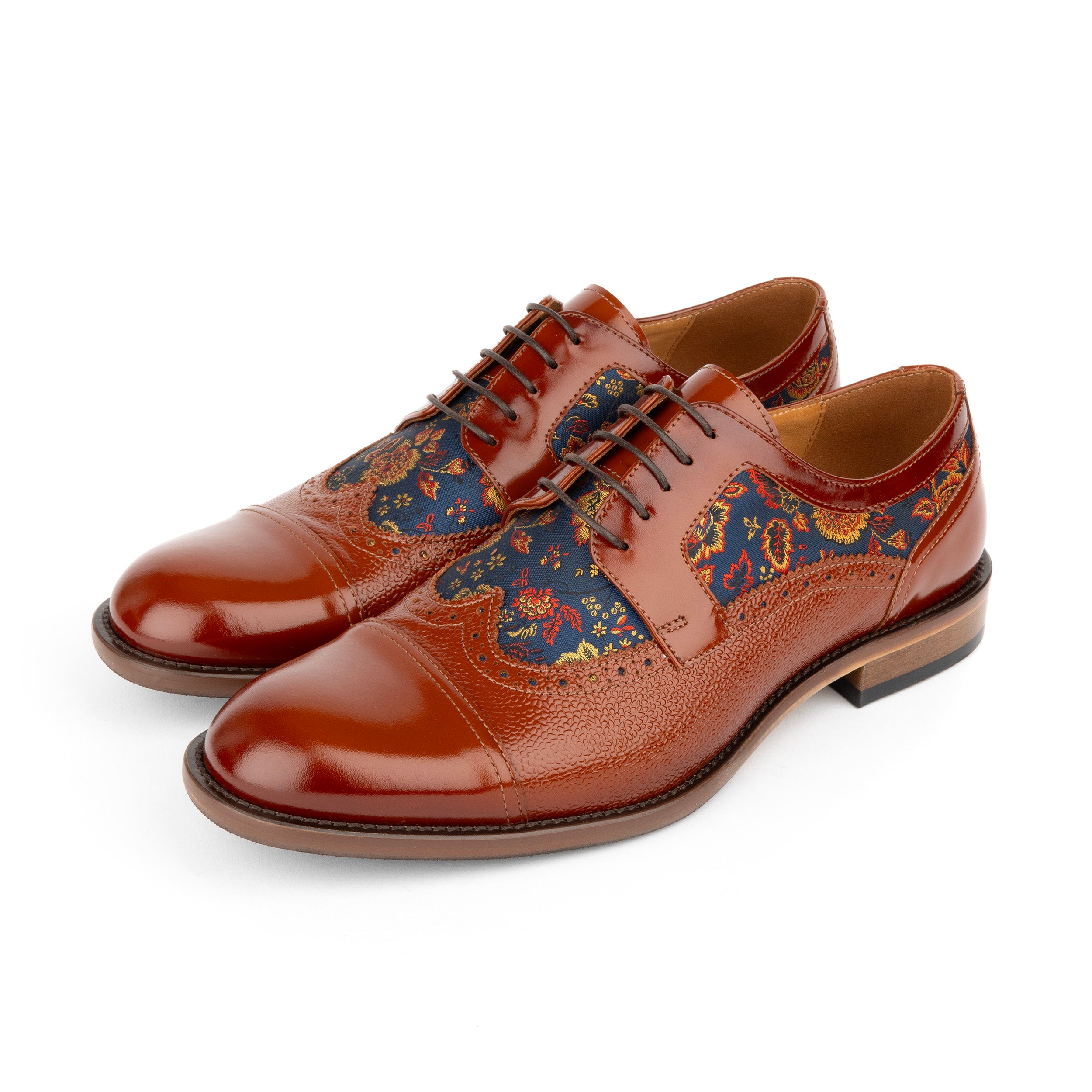 Orlando - Tan & Blue Flowers - Men's leather dress shoe with floral print
