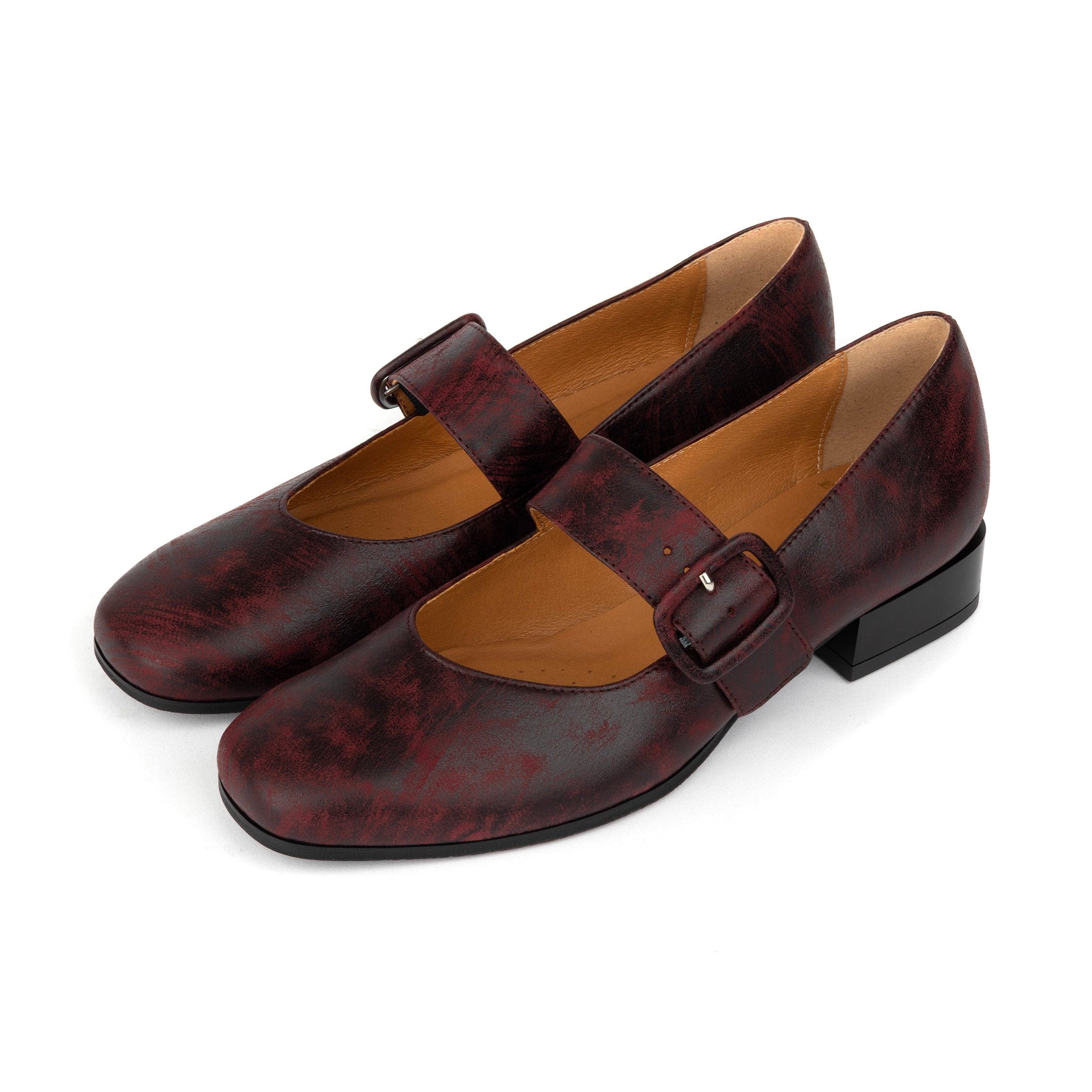 Bliss - Burgundy - Women's block heel square toe brushed leather Mary-Jane