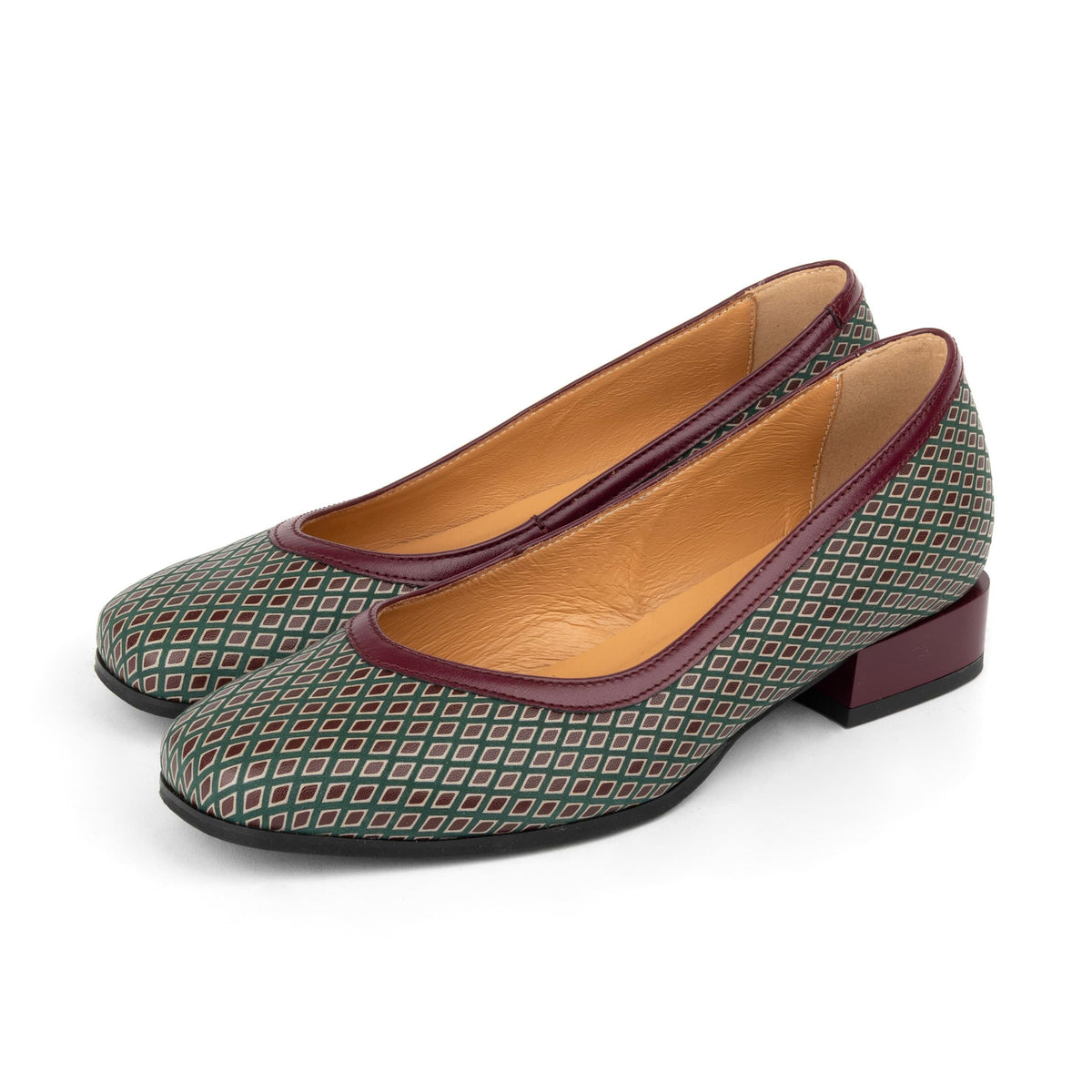 Nirvana - Burgundy & Green Diamond - Womens leather block heel ballerina pumps