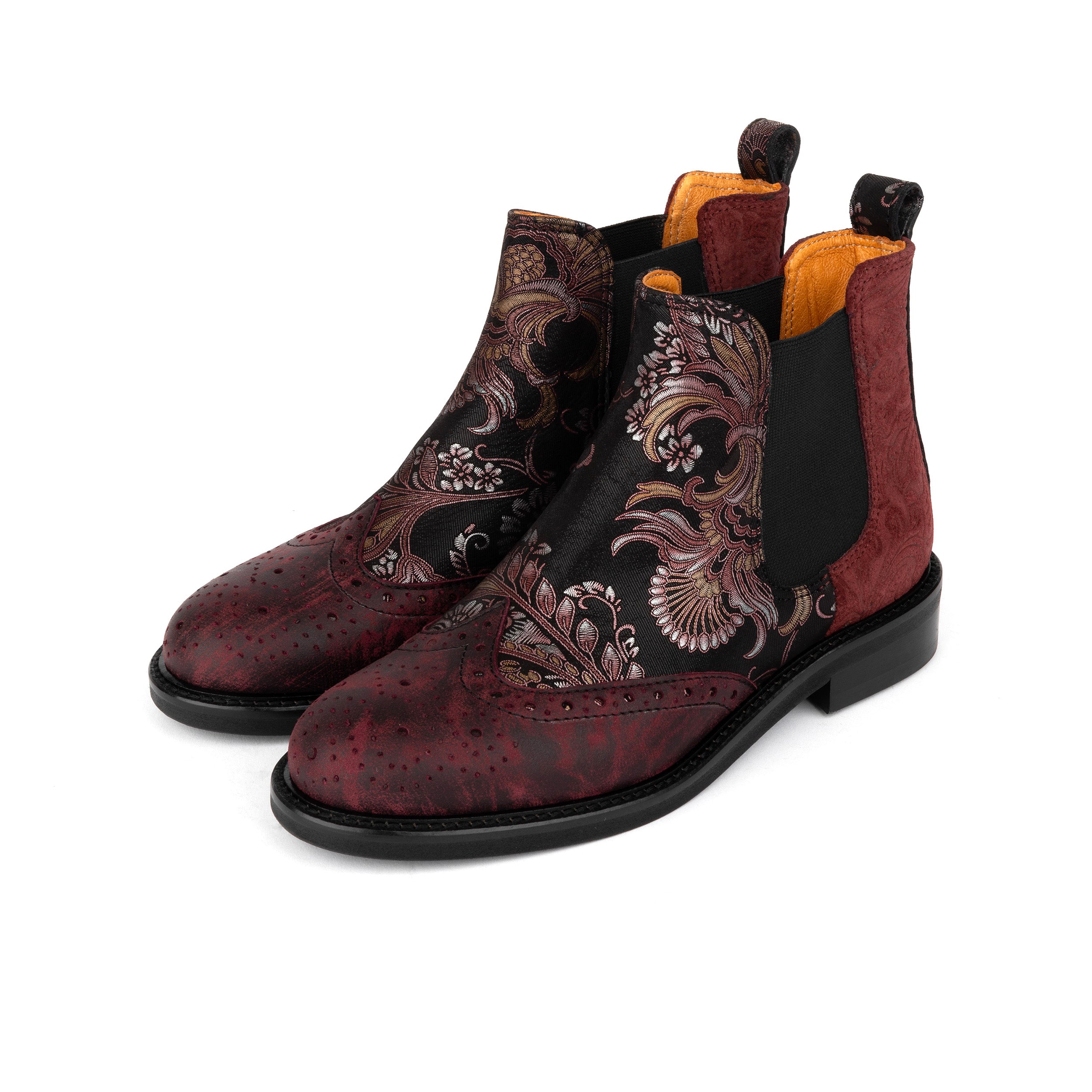 Mamacita - Floral & Burgundy - Women's chelsea boot with wingtip brogue detail