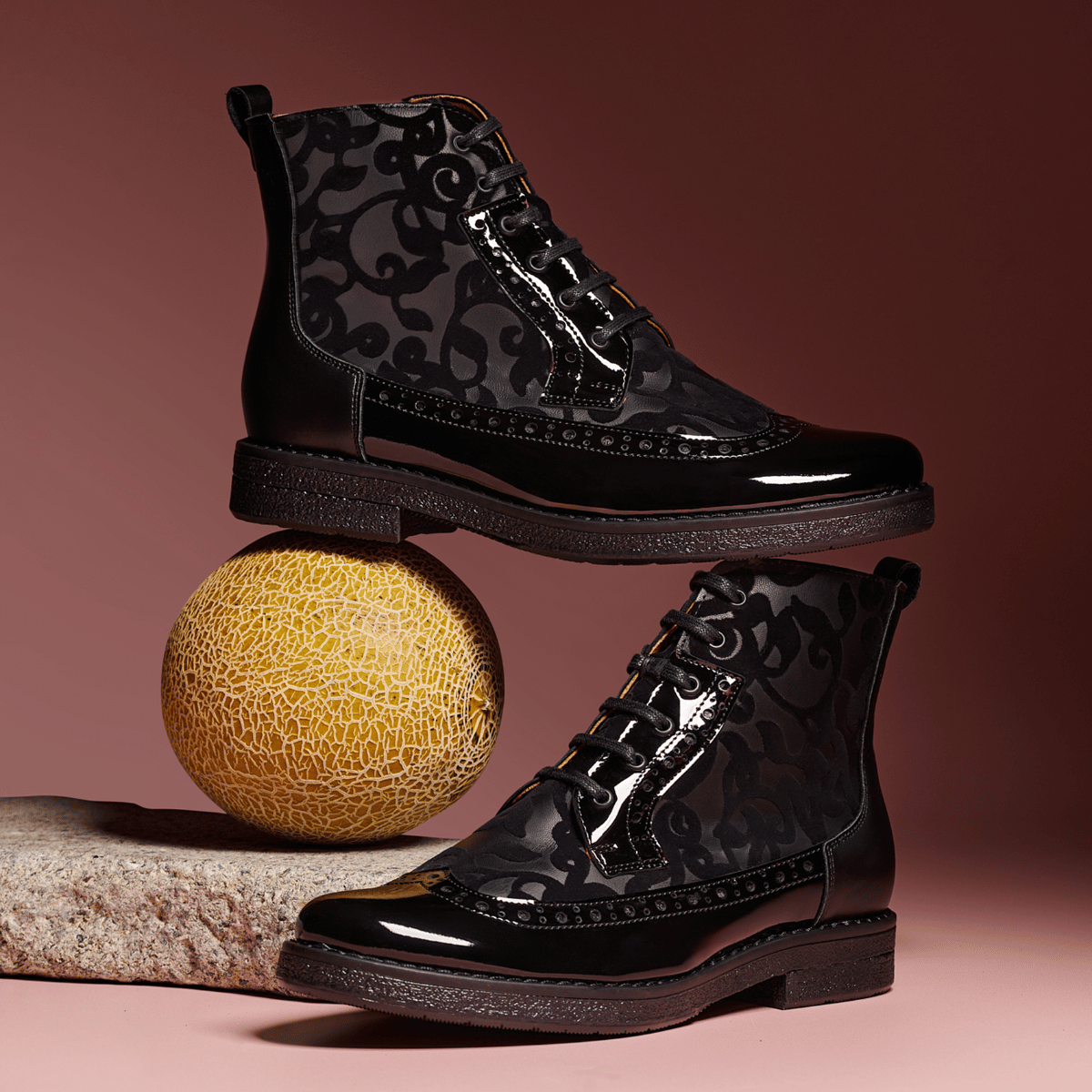 Hatter - Black Floral - Women's zip up and lace up ankle boot with brogue styling