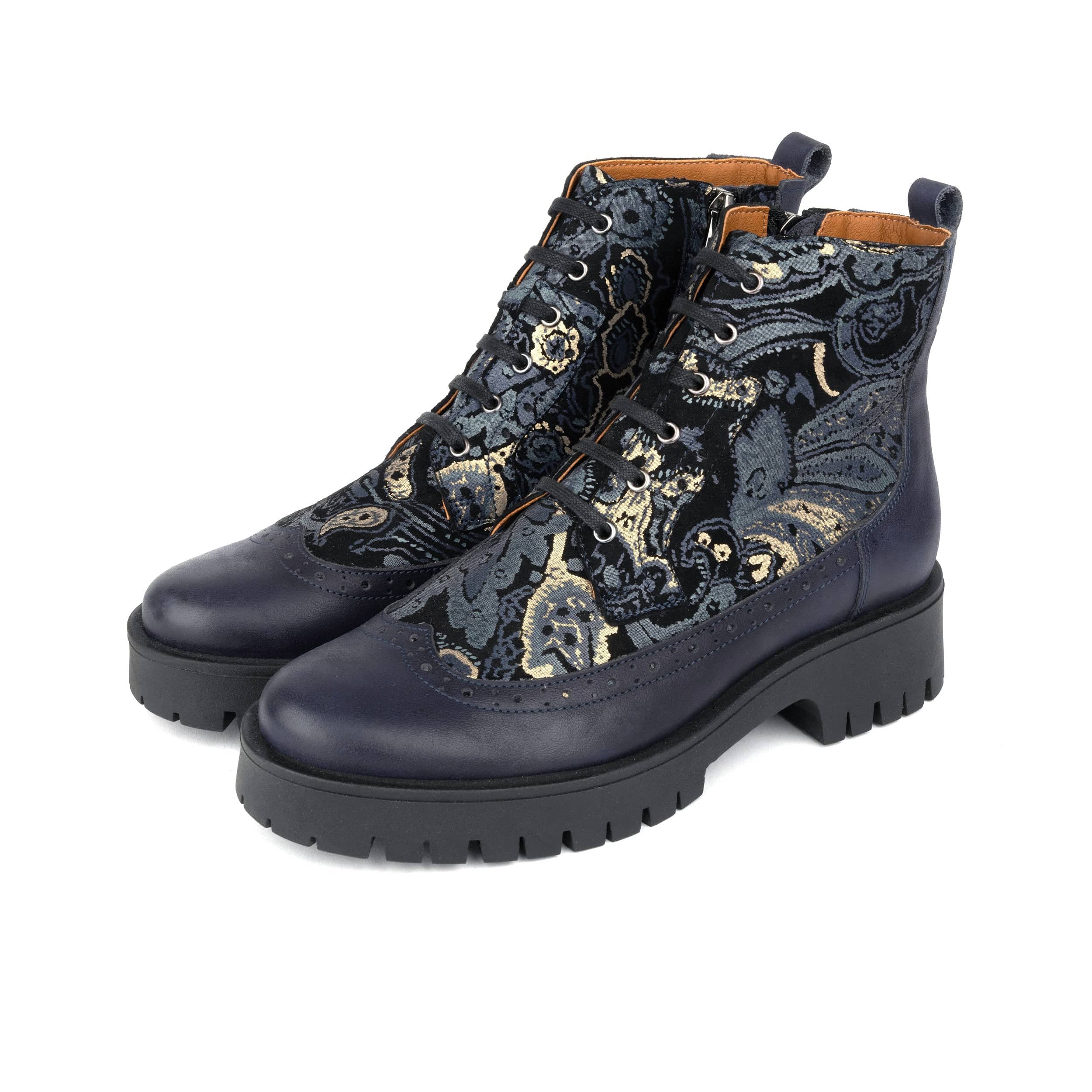 Hatter Platform - Matt Blue & Grey & Gold - Women's Leather ankle Lace-up Boot with chunky cleated sole