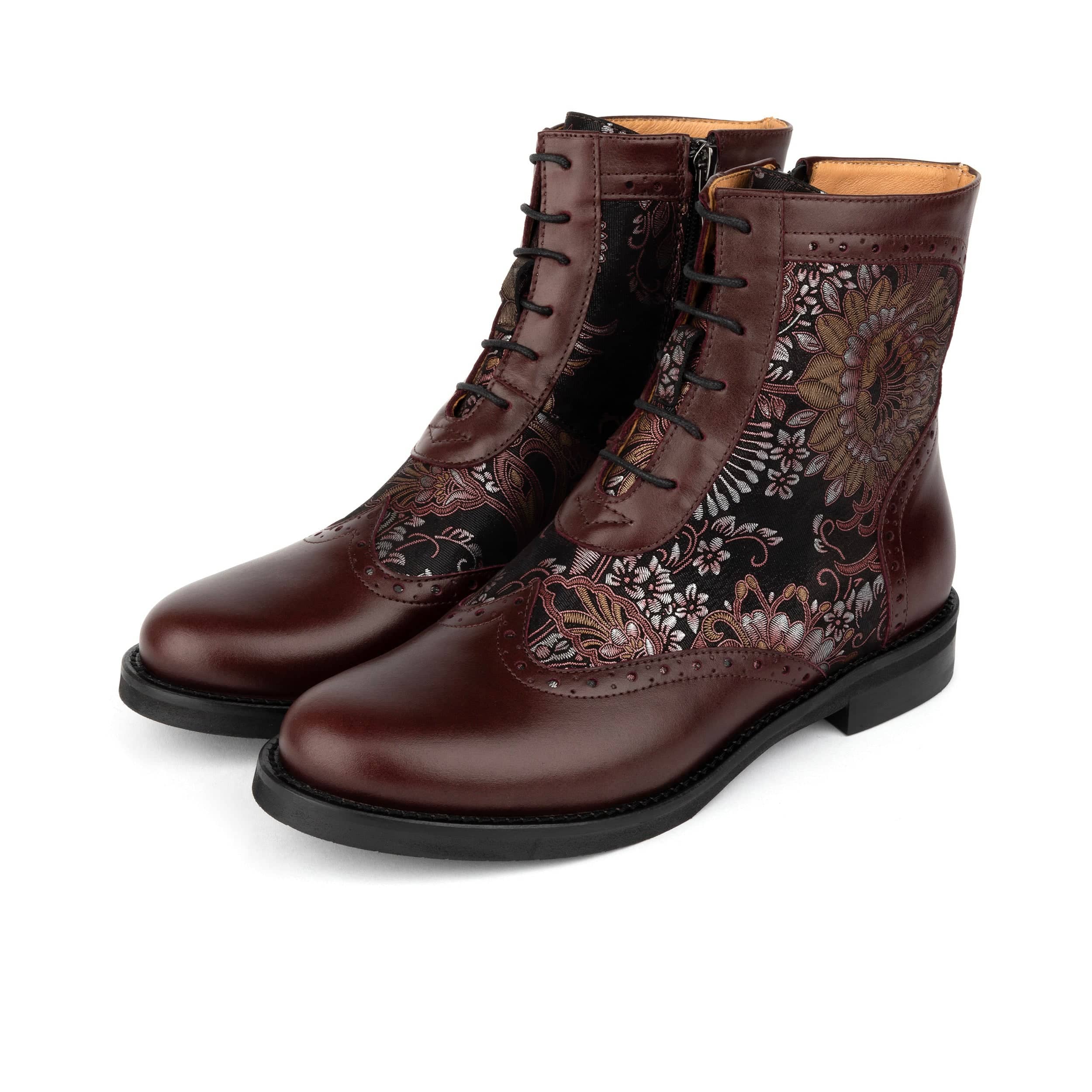 Mantis - Floral & Burgundy - Women's above-the-ankle lace-up boot with brogue & paisley detailing