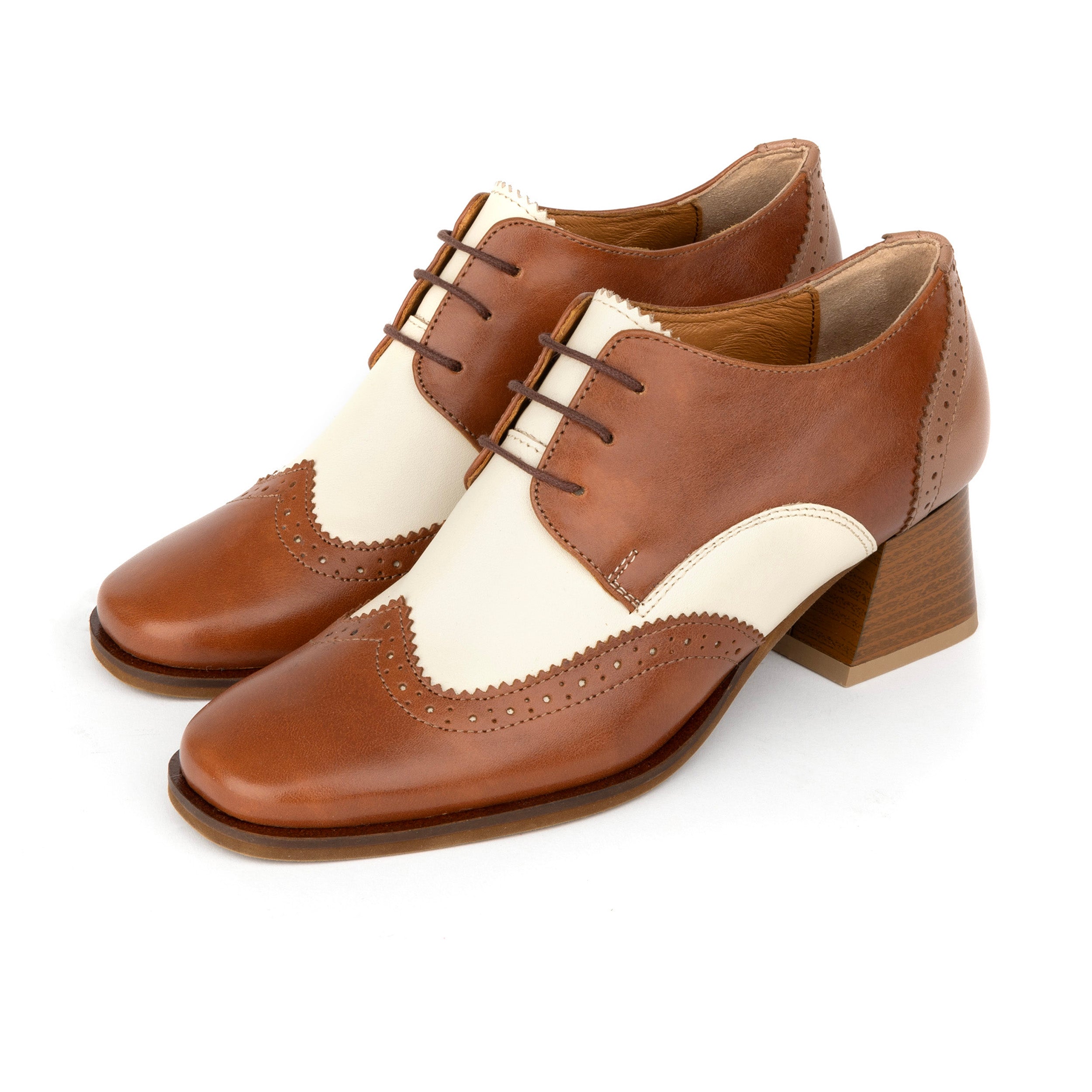 Ziggy - Brown & Cream - Women’s Leather Lace-up Brogue Heel