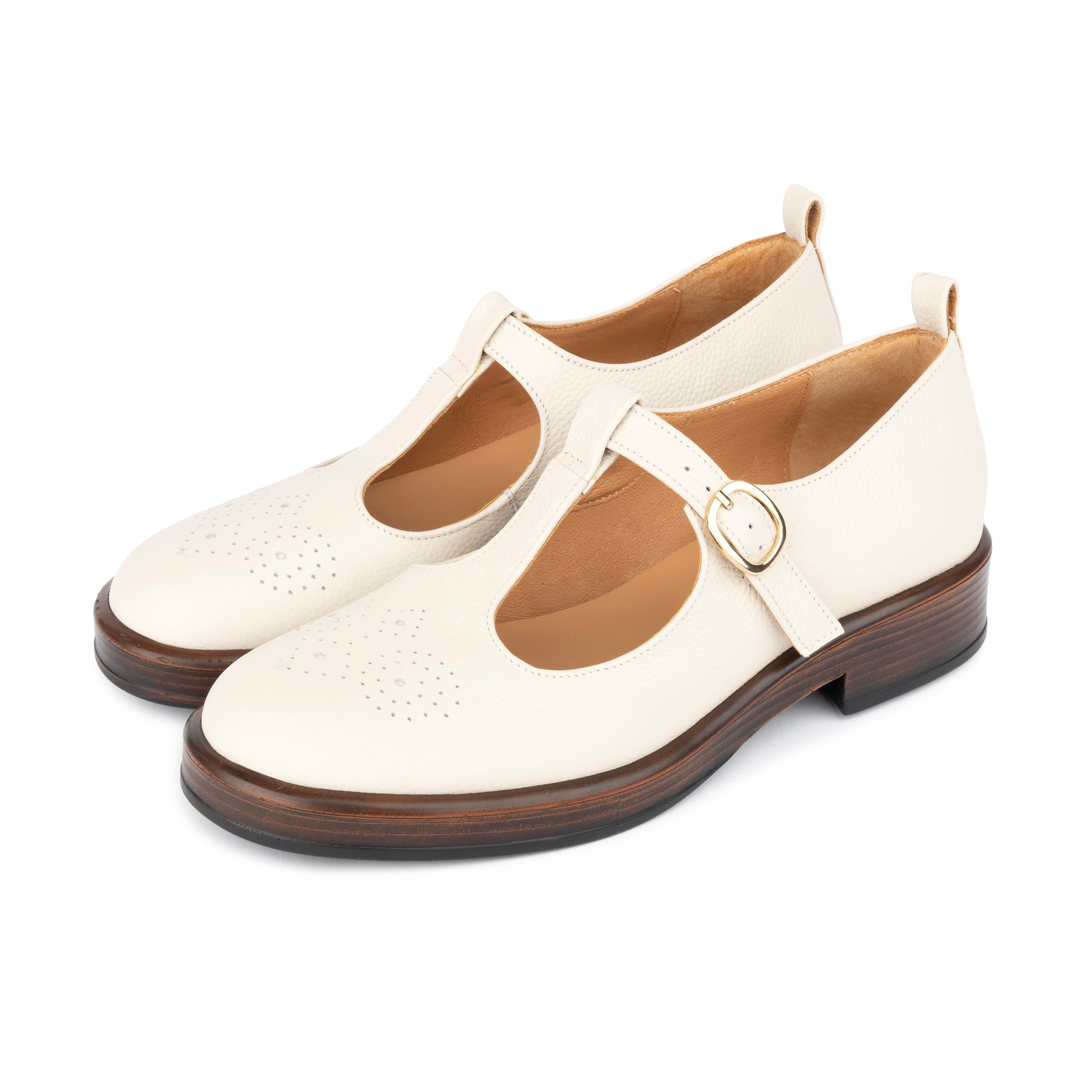 Bloom - Cream - Women's Textured Leather T-Bar Shoe with Brogue Detail