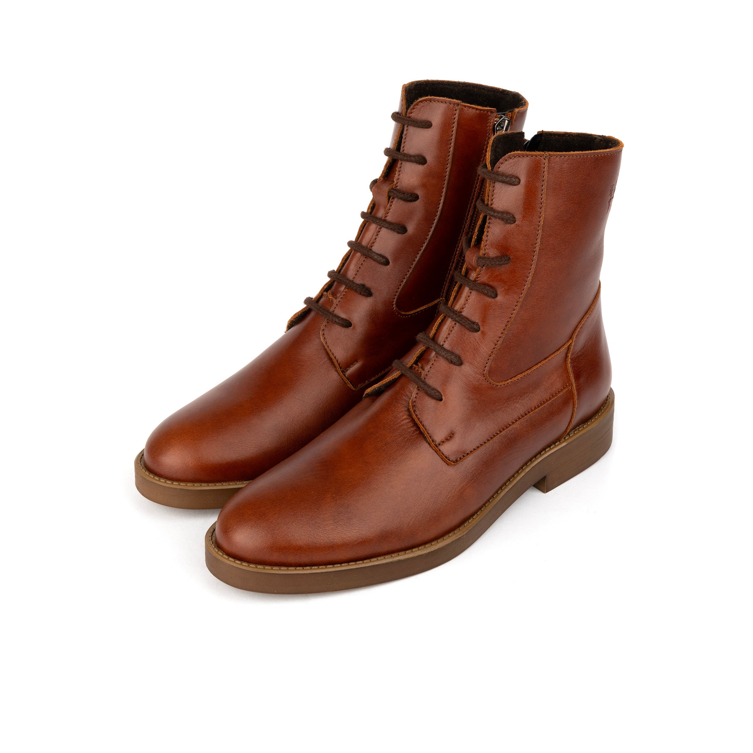 Didi Wool - Brown - Women's leather lace-up and zip-up round toe combat boot