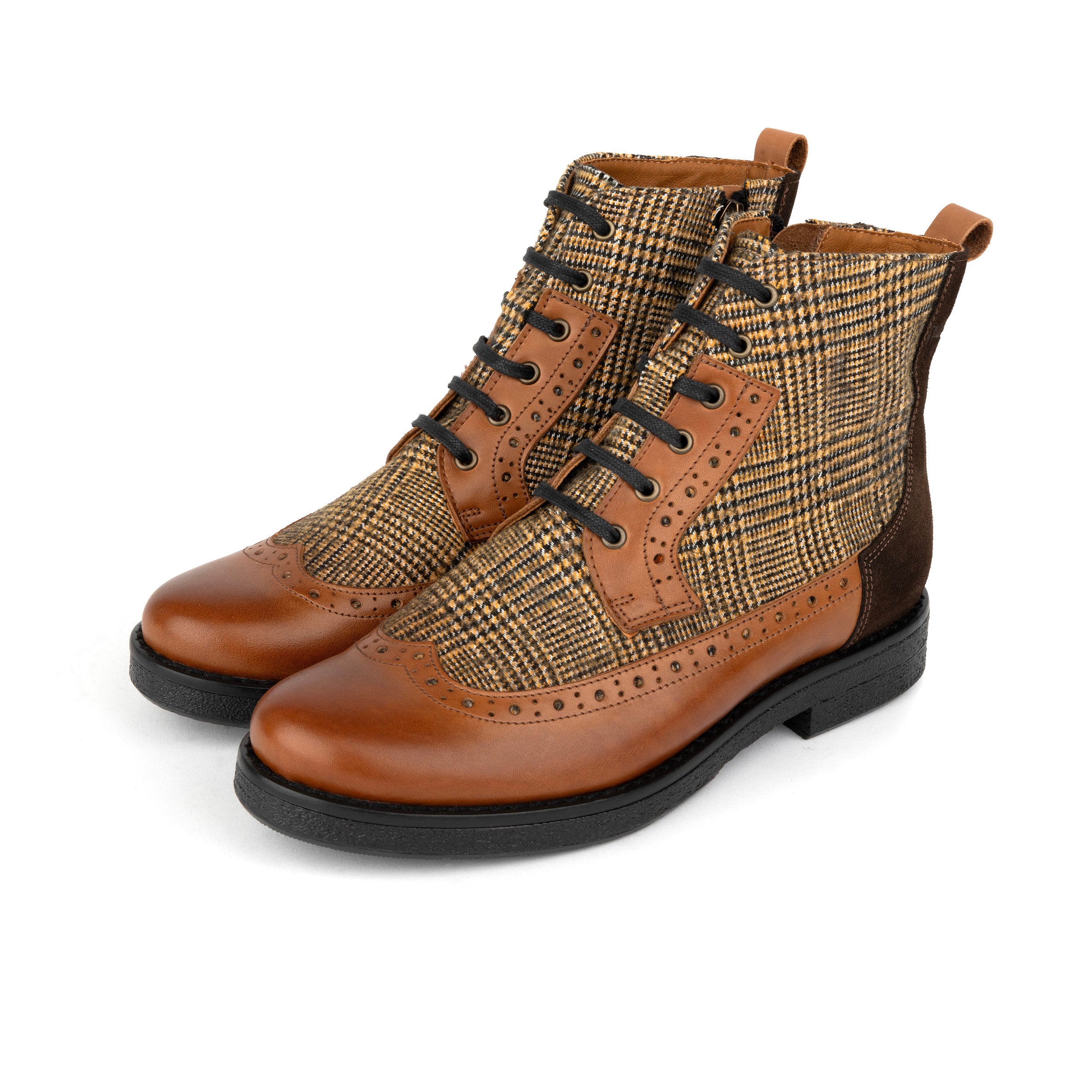 Hatter - Tan & Brown Check - Women's Leather Ankle Lace-up Boot with check details