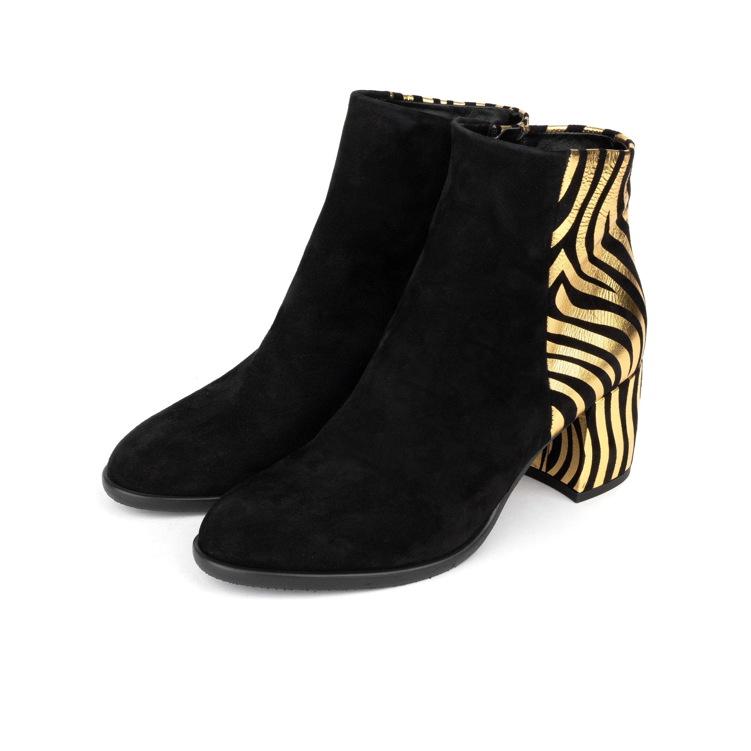 Impala - Black & Gold - Women's Suede Ankle Boot with Block Heel & Gold Foil Zebra Stripes