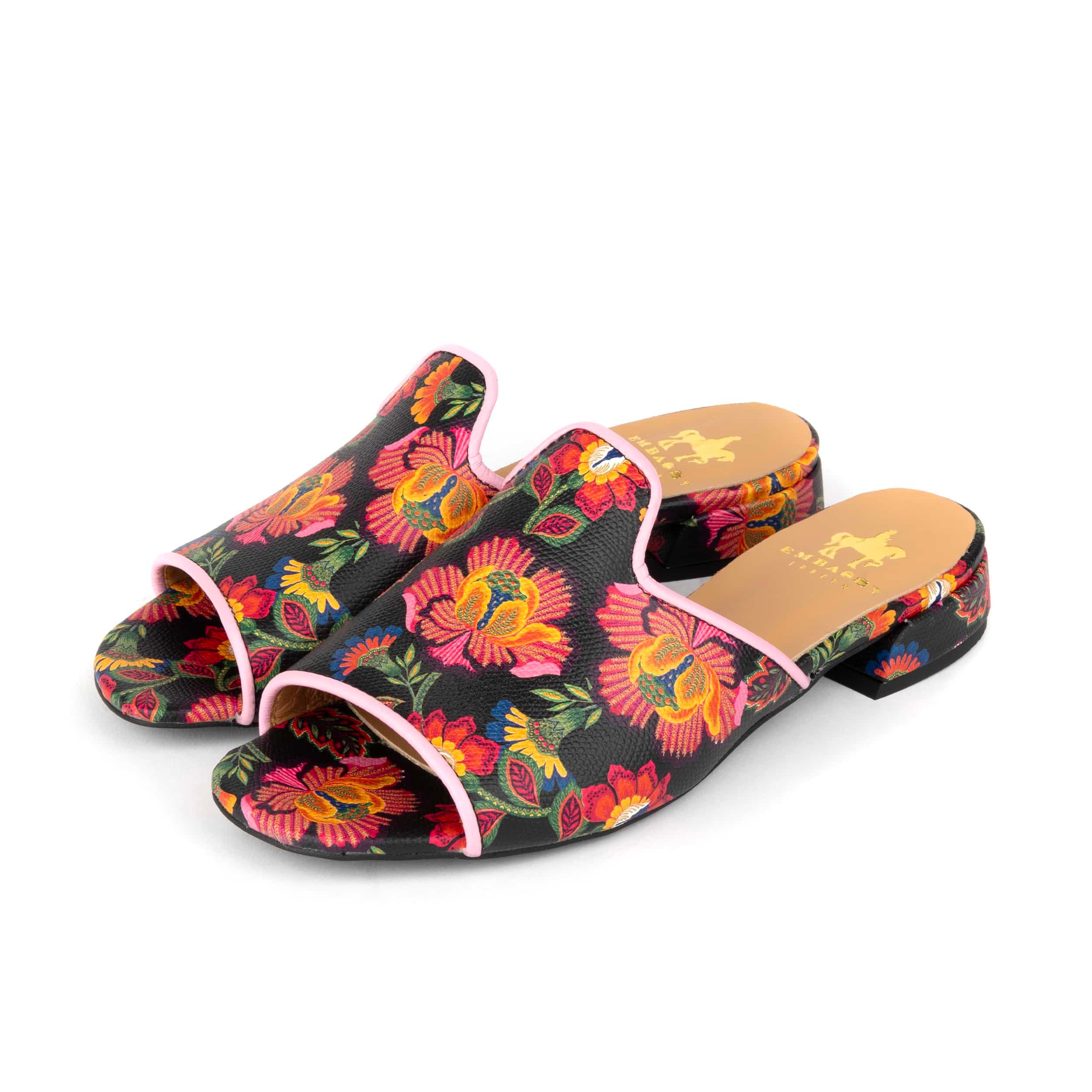 South Beach - Red Flowers - Women's fully leather lined slip on sandal