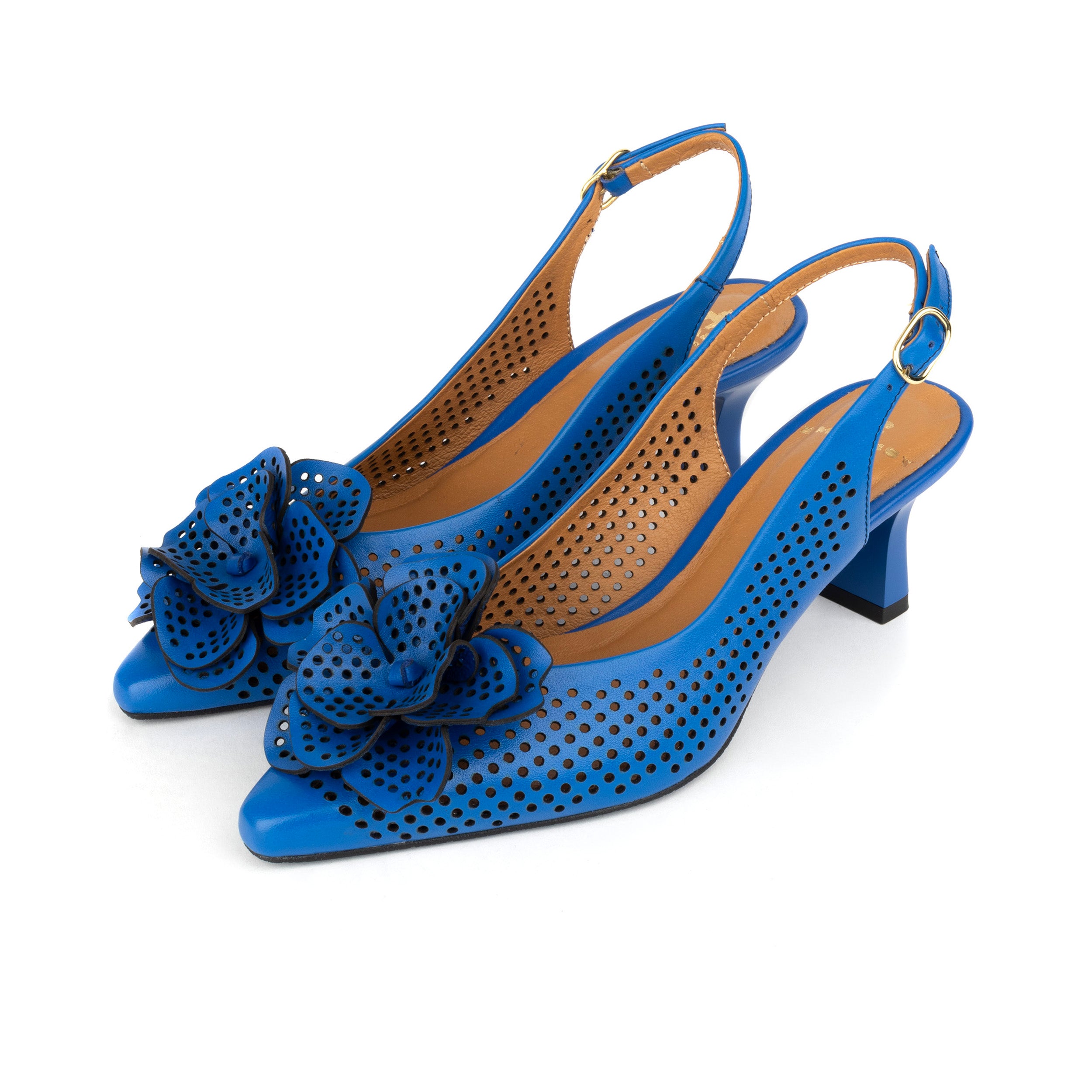 Florence - Vibrant Blue - Women's Leather Slingback Heel with Flower Detail