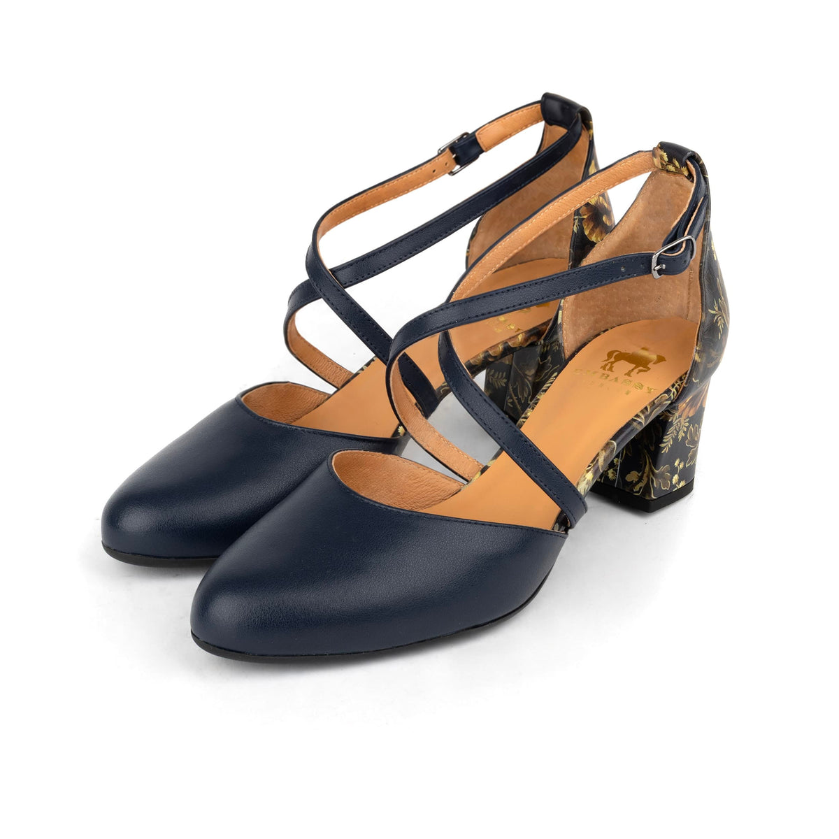Dannii - Navy & Autumn Bloom - Women's 2.4 inch block heel closed toe leather sandal