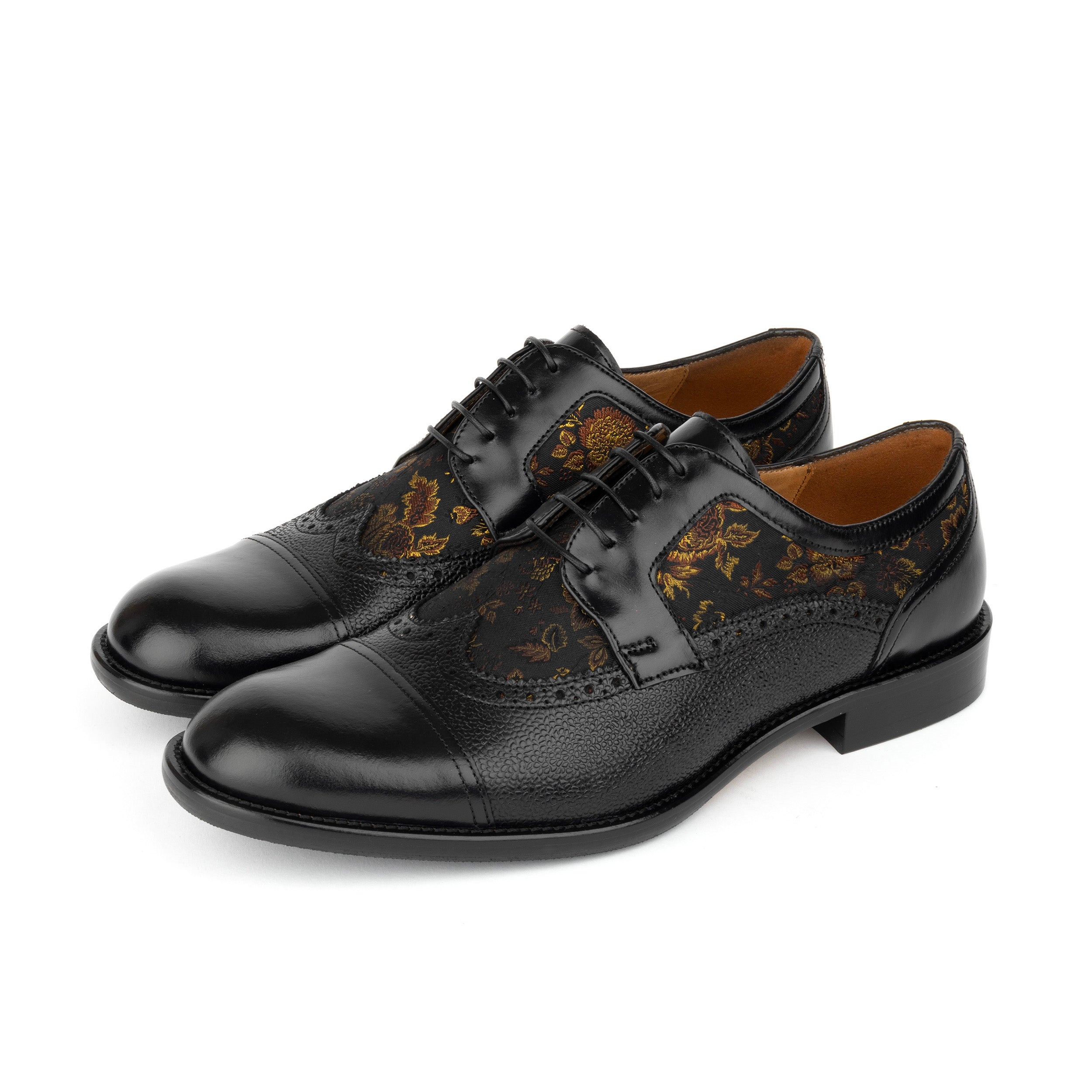 Orlando - Black & Yellow Flowers - Men's toe cap dressy black shoe with flower print leather