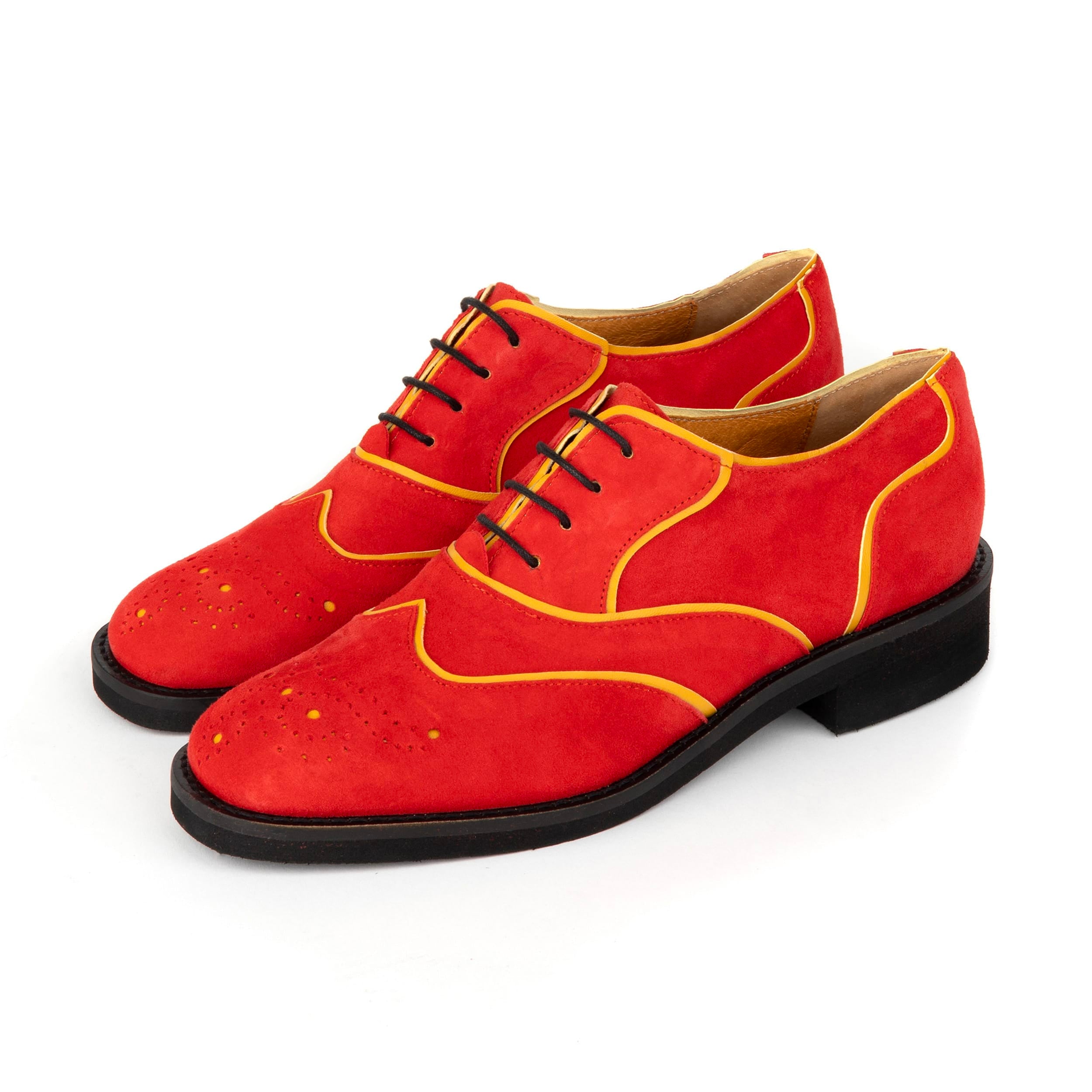 Sun - Red & Yellow - Women's Suede Wingtip Oxford Brogue with Contrast Piping