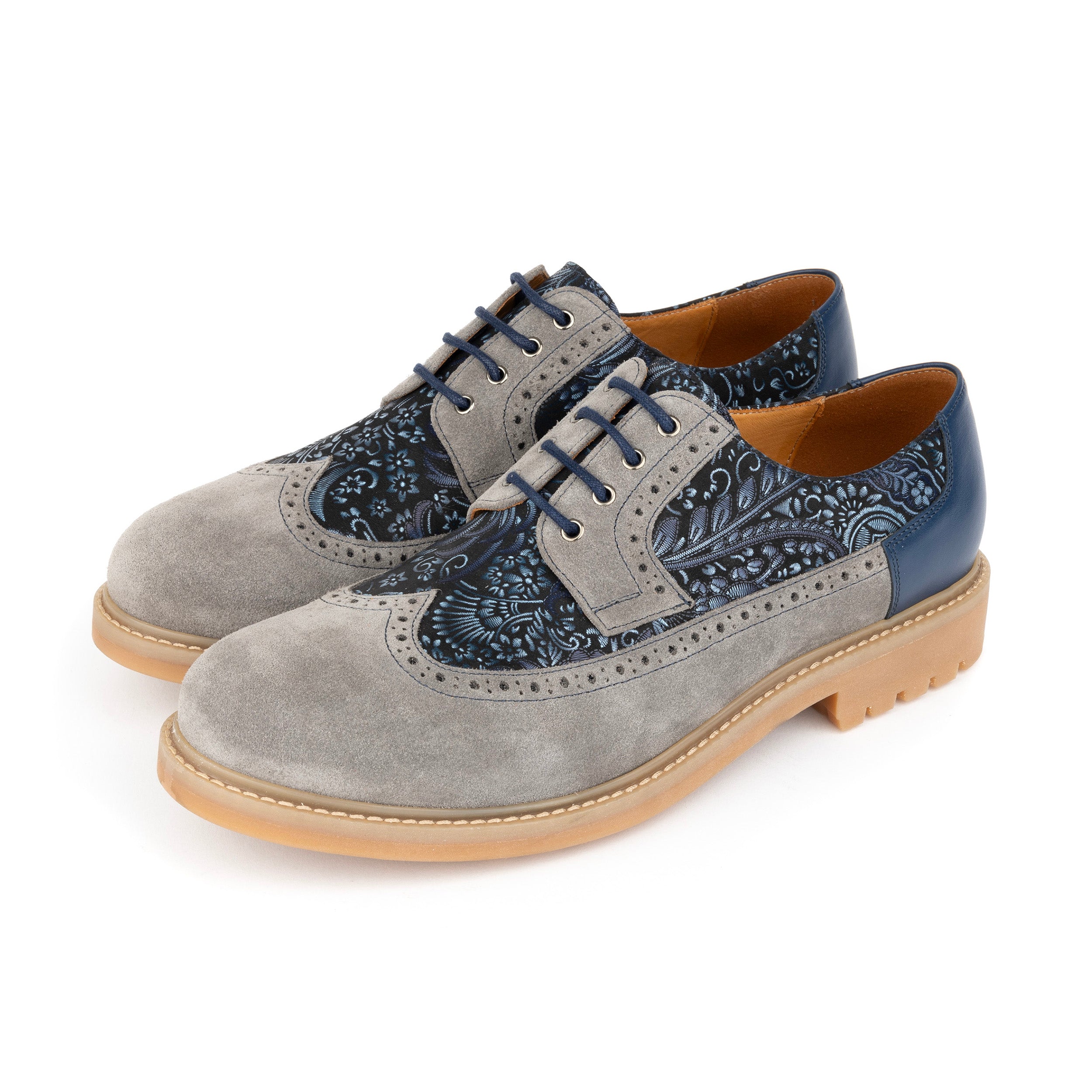 Cyclone - Grey, Blue & Silver Paisley - Men's Chunky Sole Leather & Suede Shoe with Paisley Print