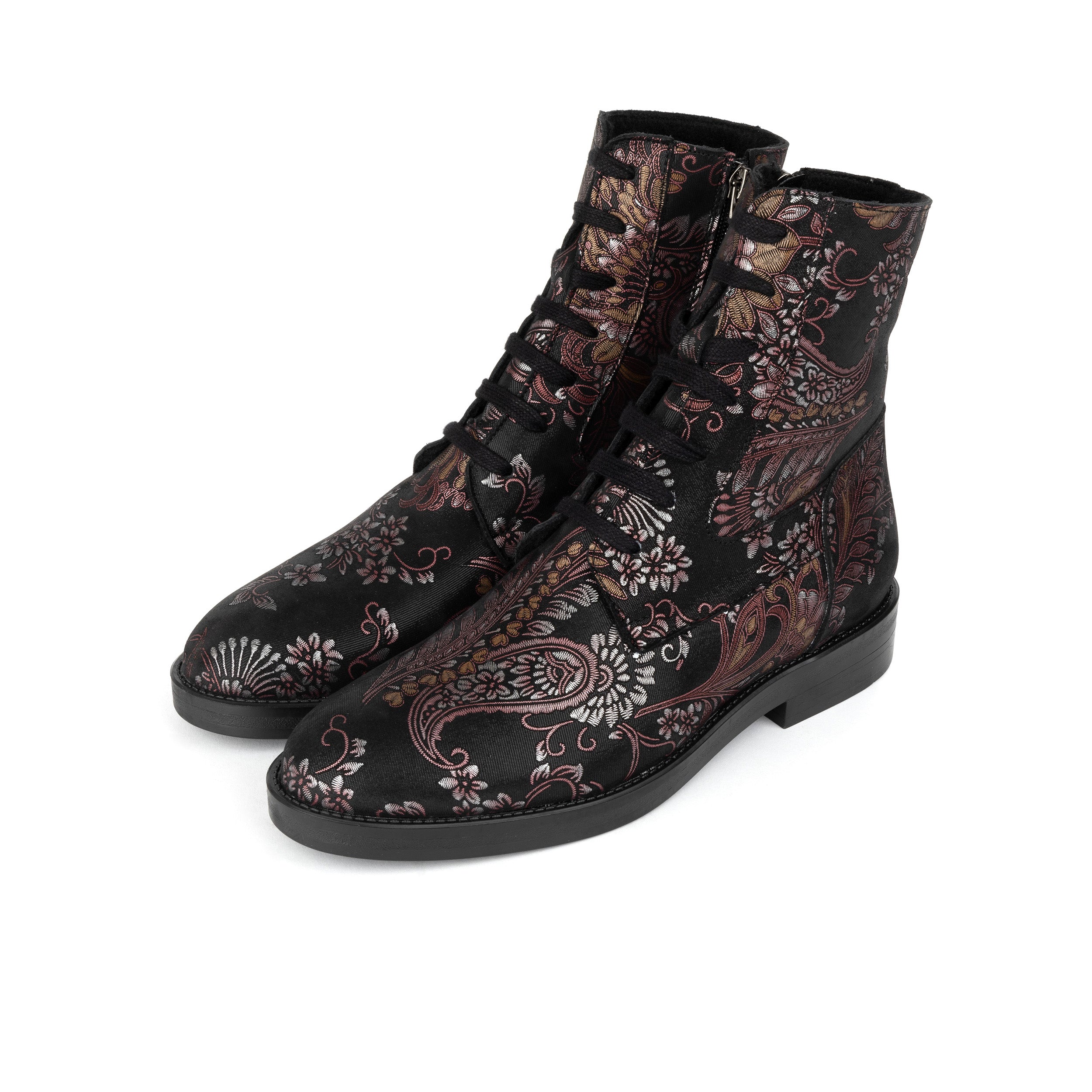 Didi Wool - Black & Burgundy - Women's leather lace-up and zip-up round toe combat boot