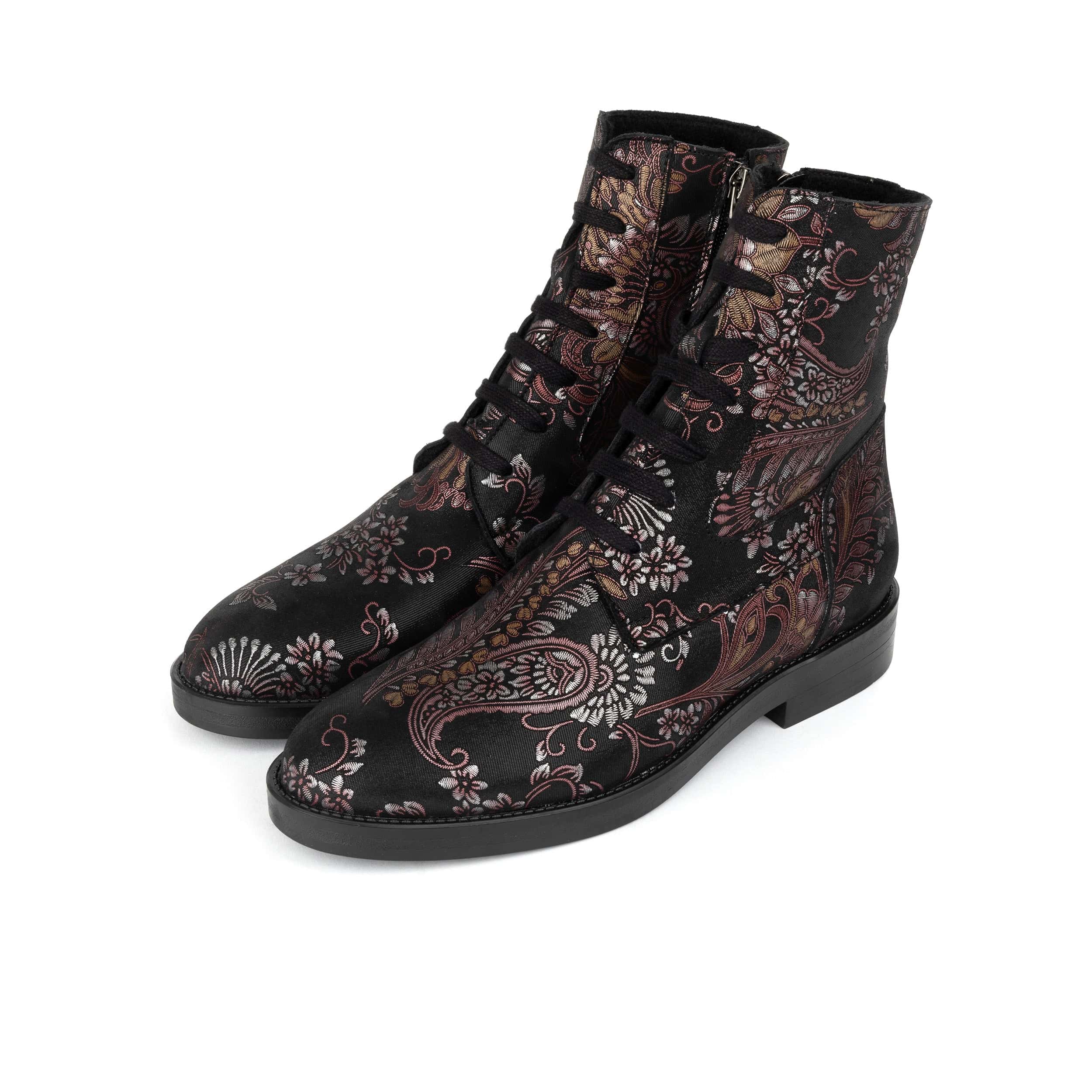 Didi Wool - Black & Burgundy - Women's leather lace-up and zip-up round toe combat boot