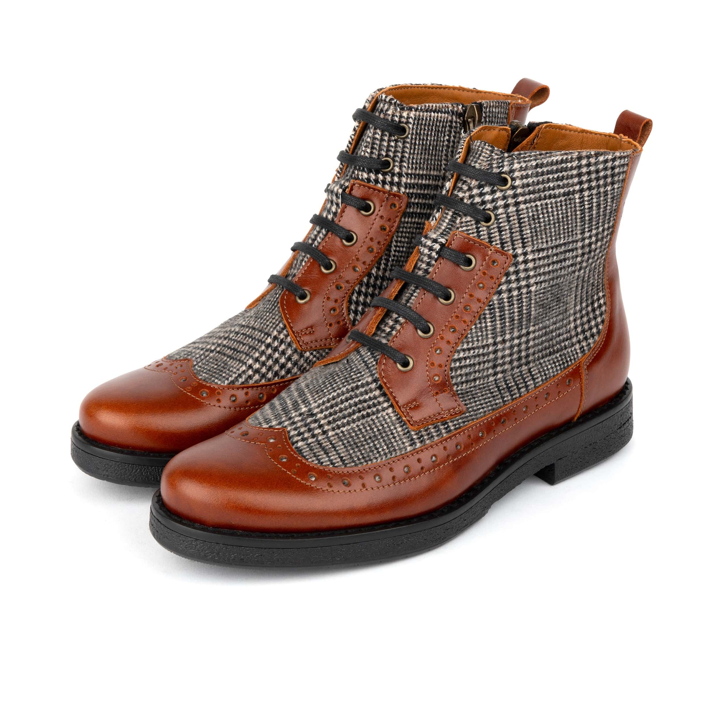 Hatter - Brown & Brown Check - Women's Leather Ankle Lace-up Boot with check details