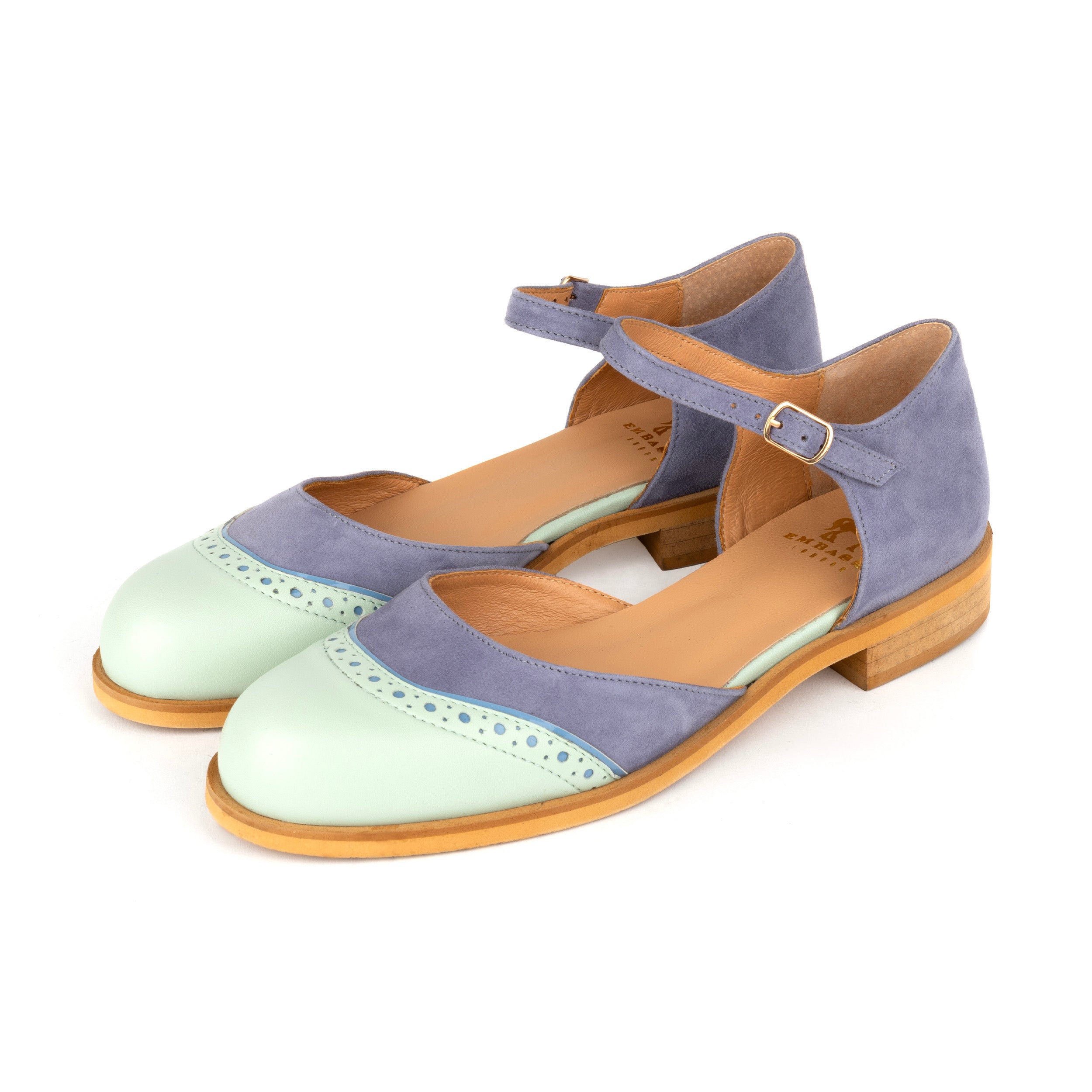 Gigot - Blue & Mint - Women's Closed Heel Round-Toe Leather Flat Sandal