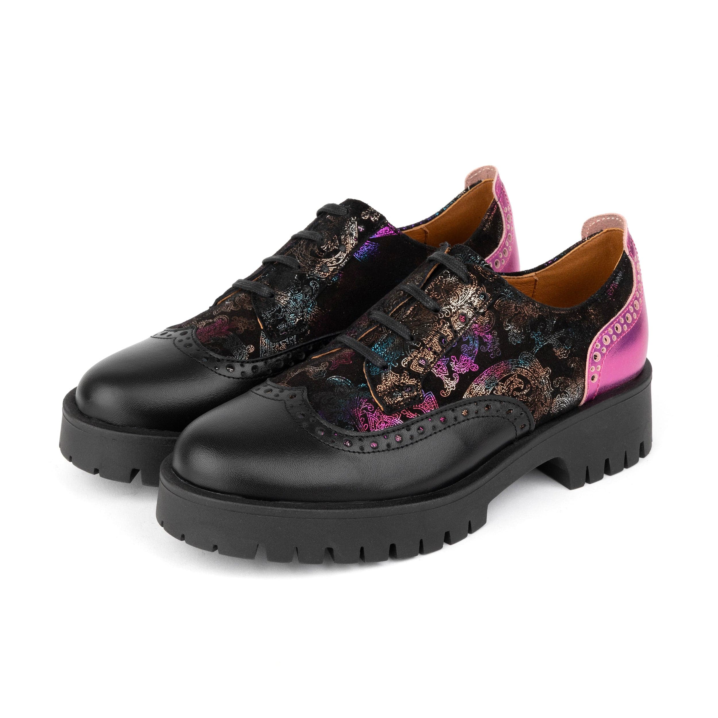 Artisan - Dark Winter Foil & Pink - Women's leather lace-up shoe with brogue detailing