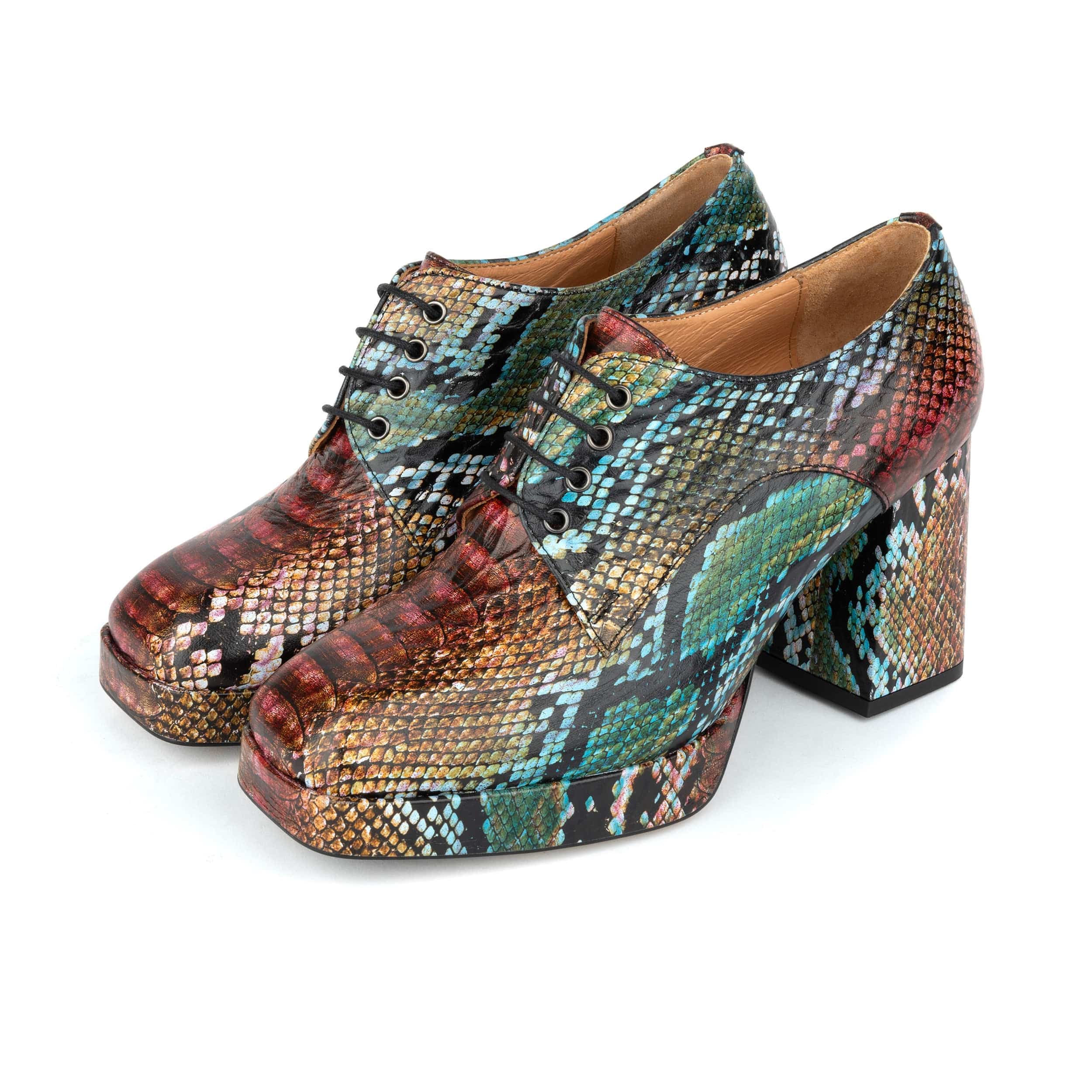 Roulette Platform - Green & Brown Snake - Women's leather oxford pump with platform and block heel