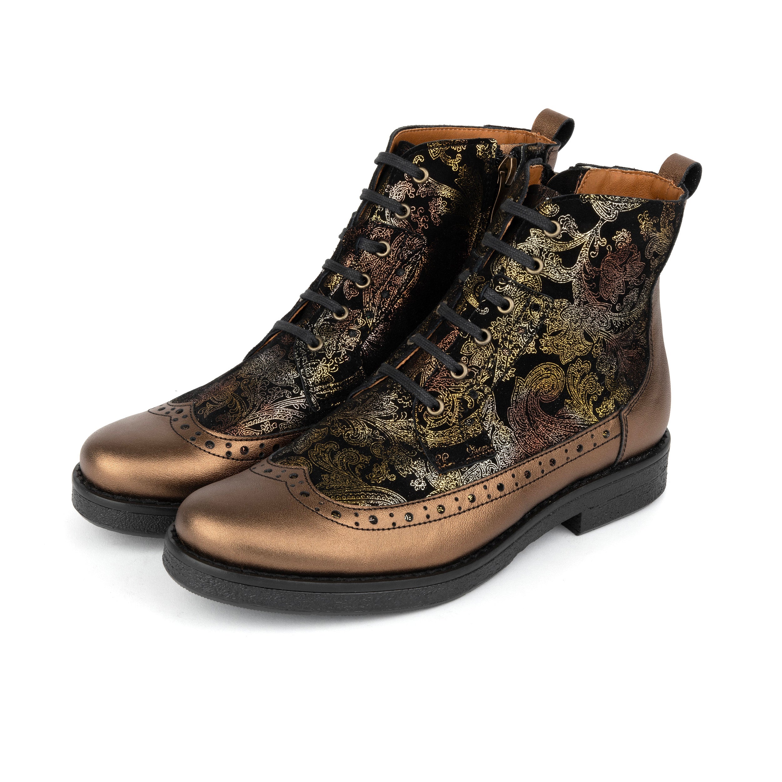 Hatter - Bronze & Floral - Women's Leather Ankle Lace-up Boot with bronze floral details