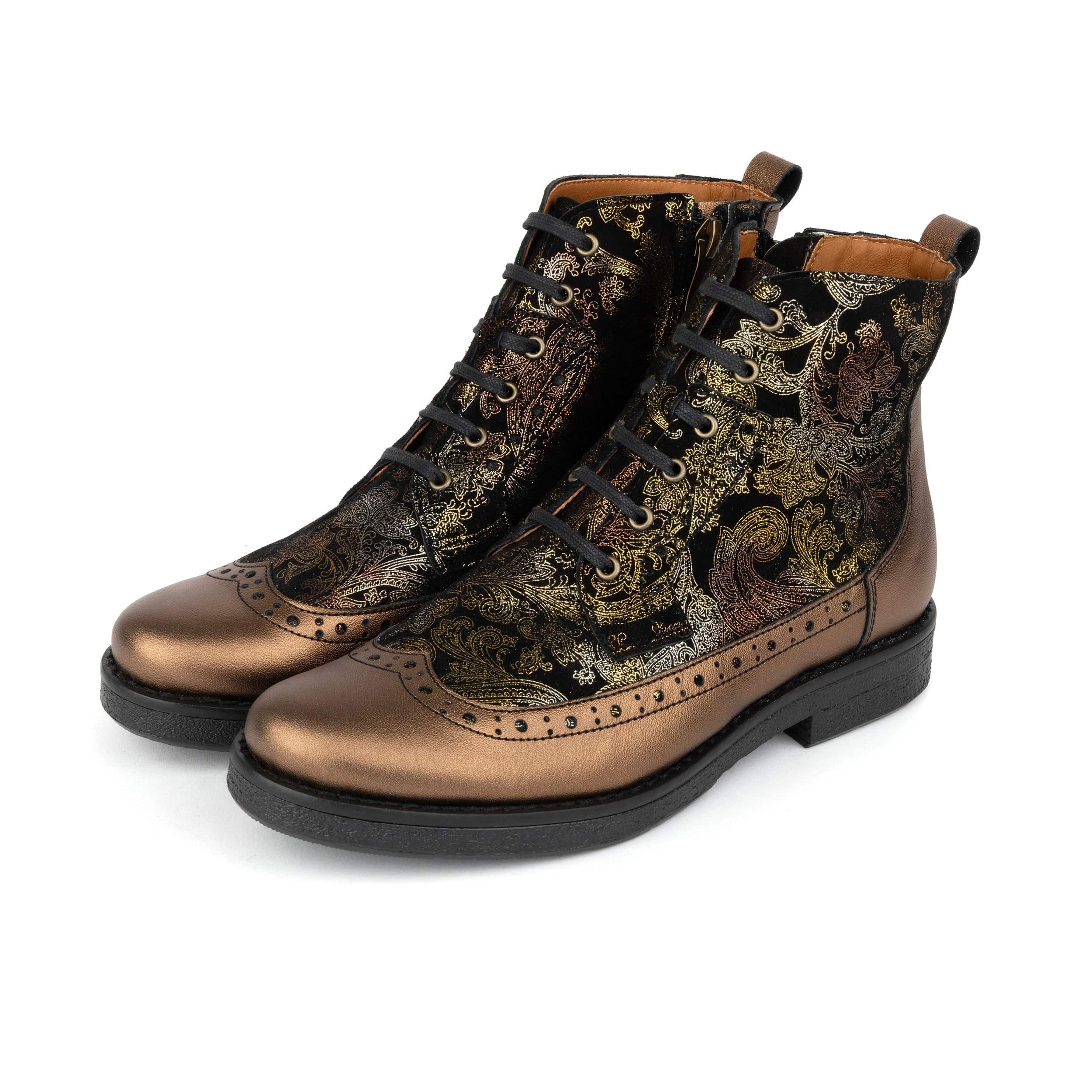 Hatter - Bronze & Floral - Women's Leather Ankle Lace-up Boot with bronze floral details