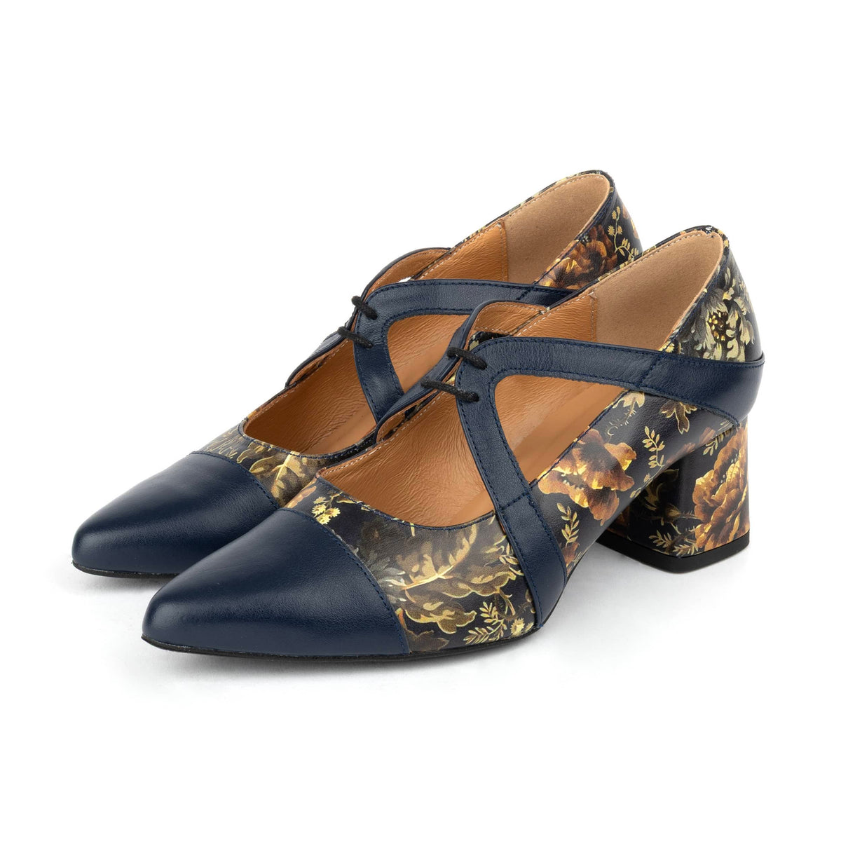 Harlowe High - Navy & Autumn Bloom - Women's leather block heel pumps