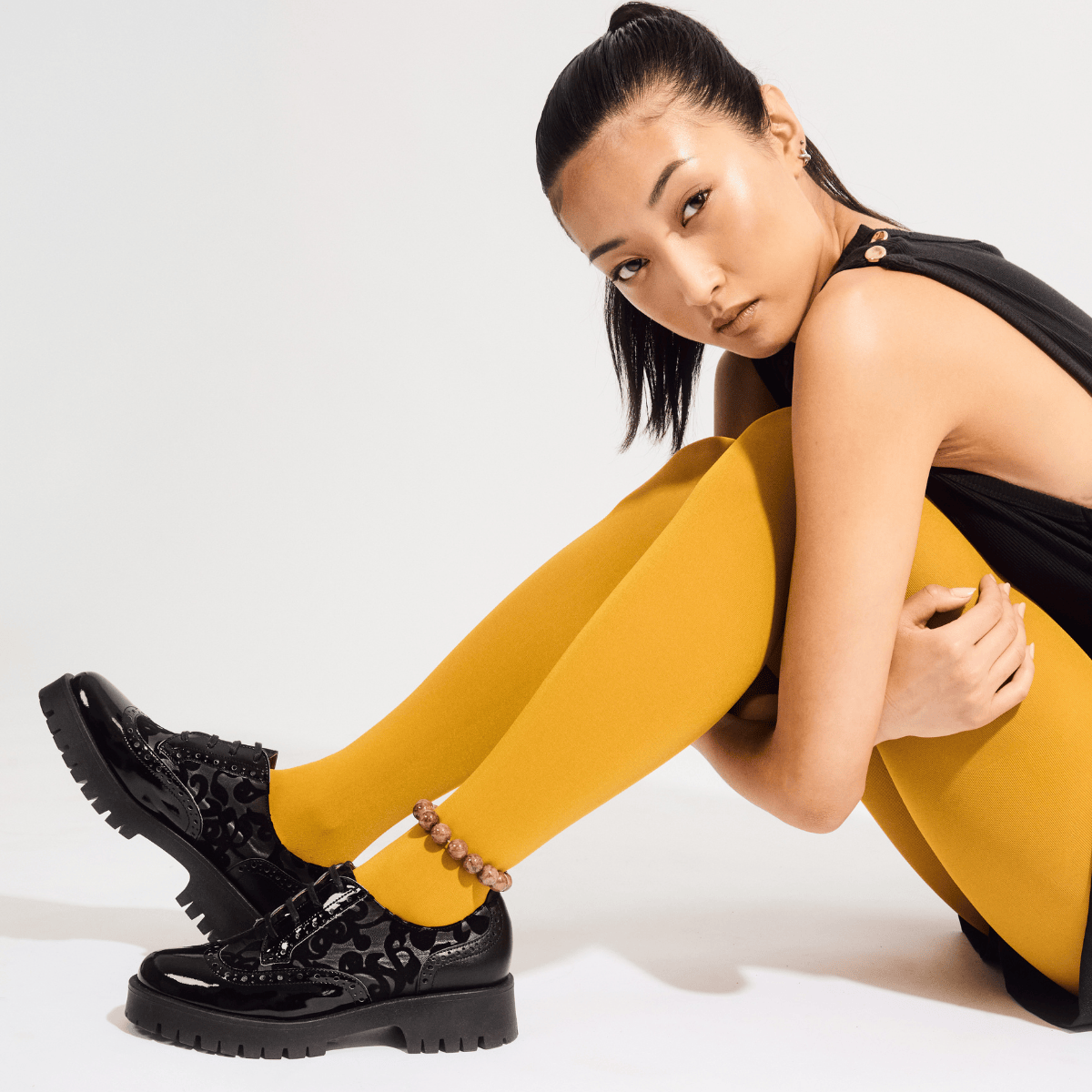 Artisan - Black Floral - Women's leather lace-up shoe with brogue detailing